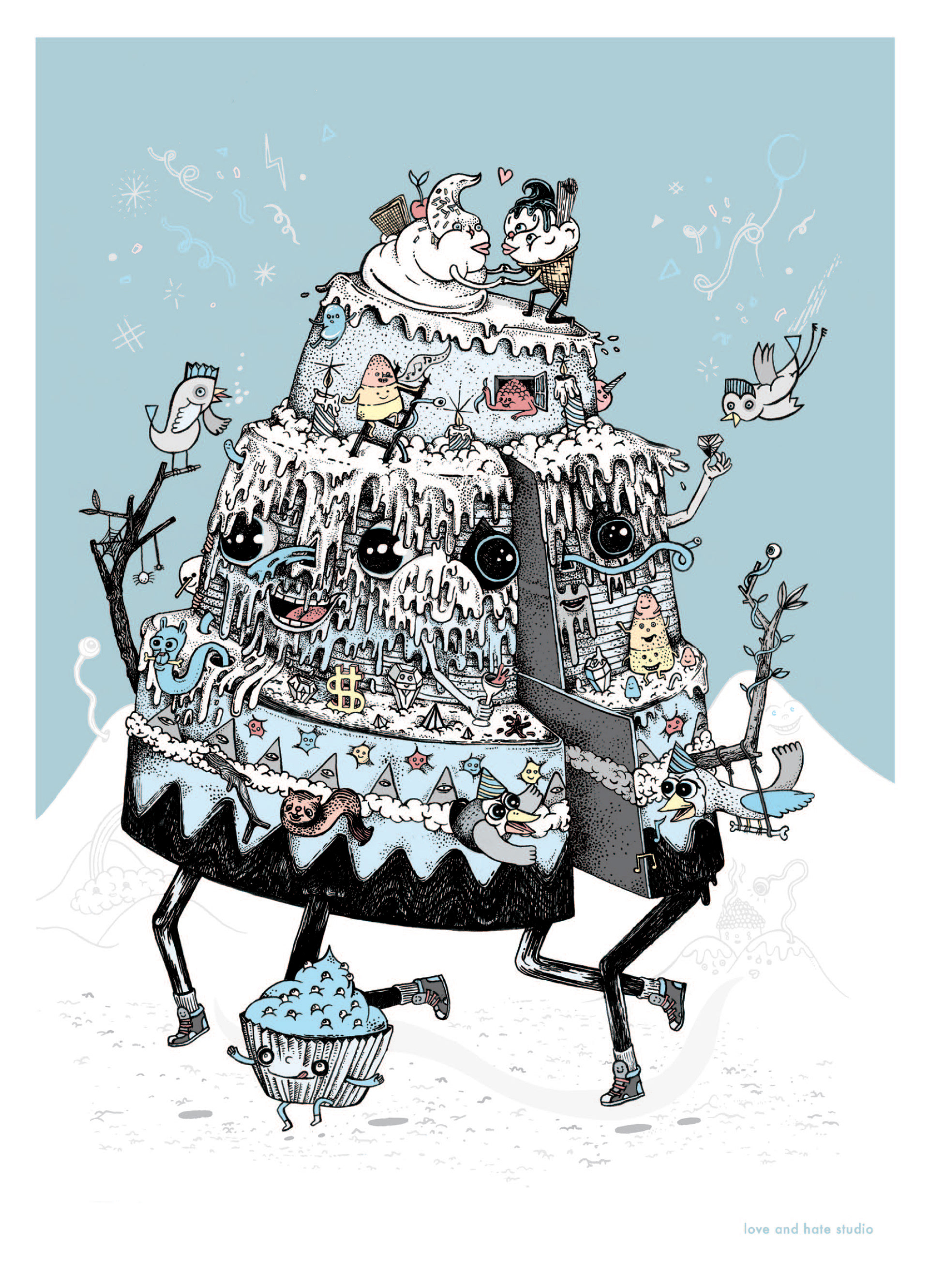 Detailed illustrated cake-like construction on a pale blue field