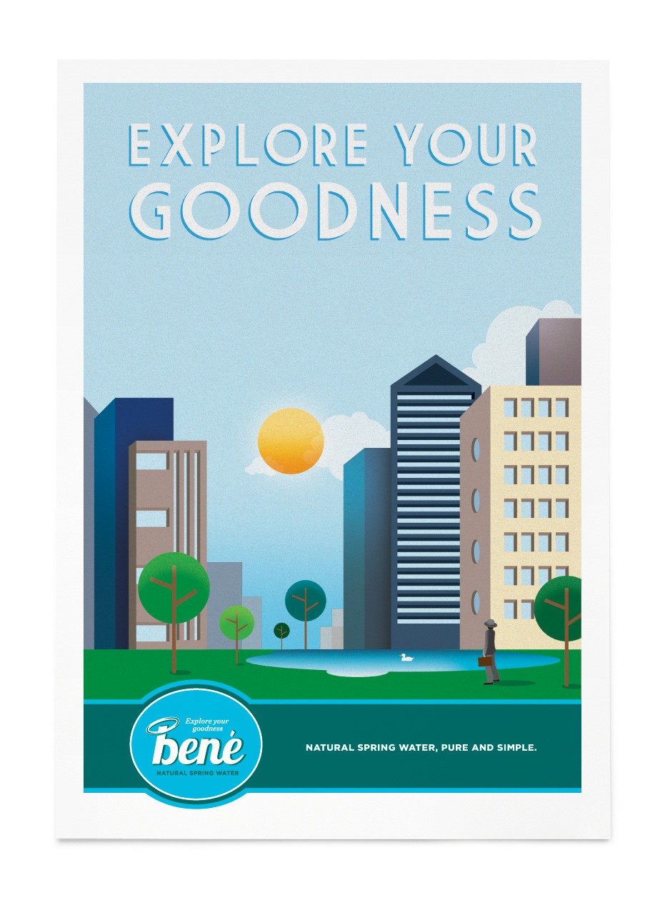 Bené Explore Your Goodness poster showing a sunlit city park