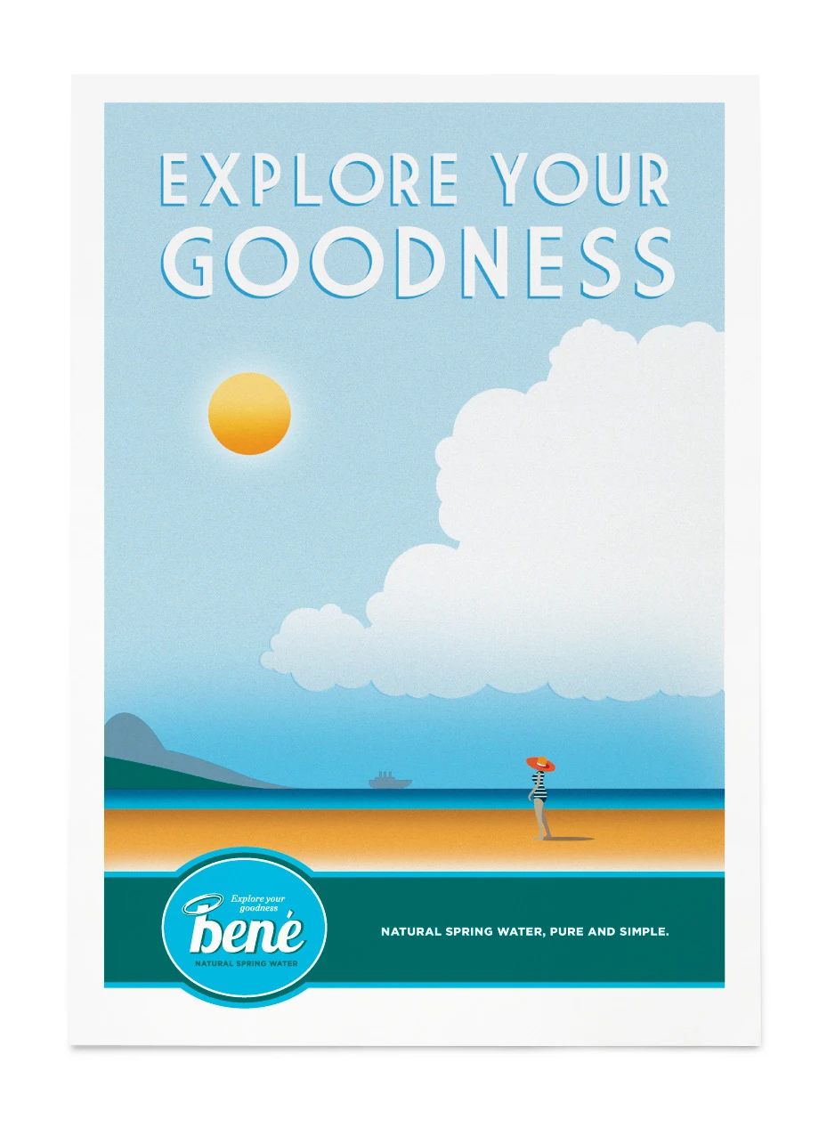 Bené poster showing an open coastal horizon beneath a bright sun