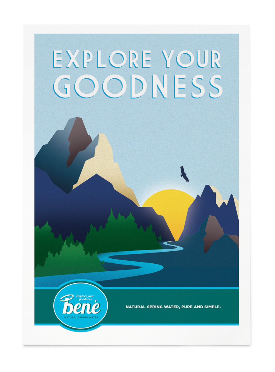 Bené poster showing a winding river through a mountain landscape