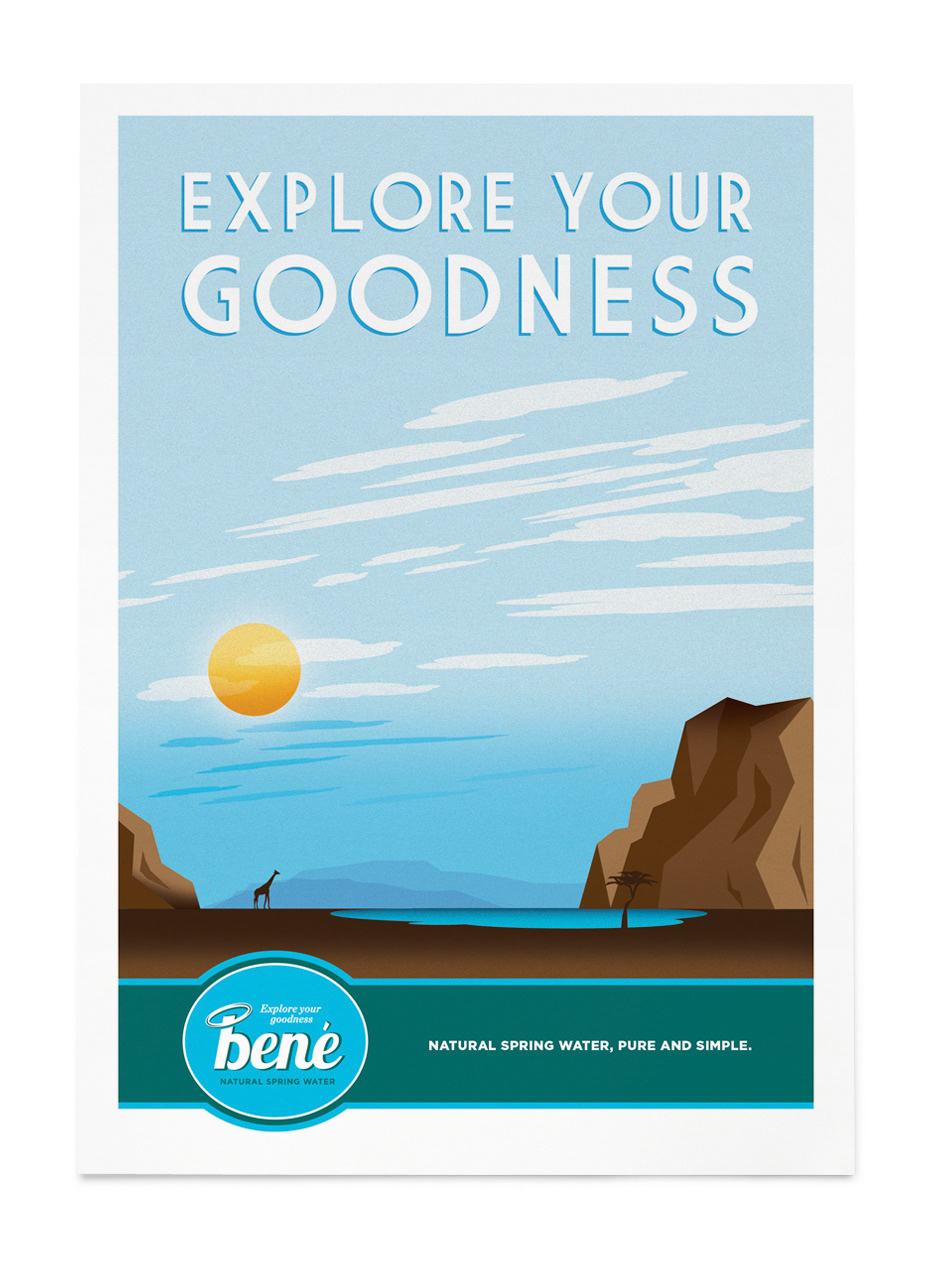 Bené poster showing a pale sky, sun and angular coastal cliffs