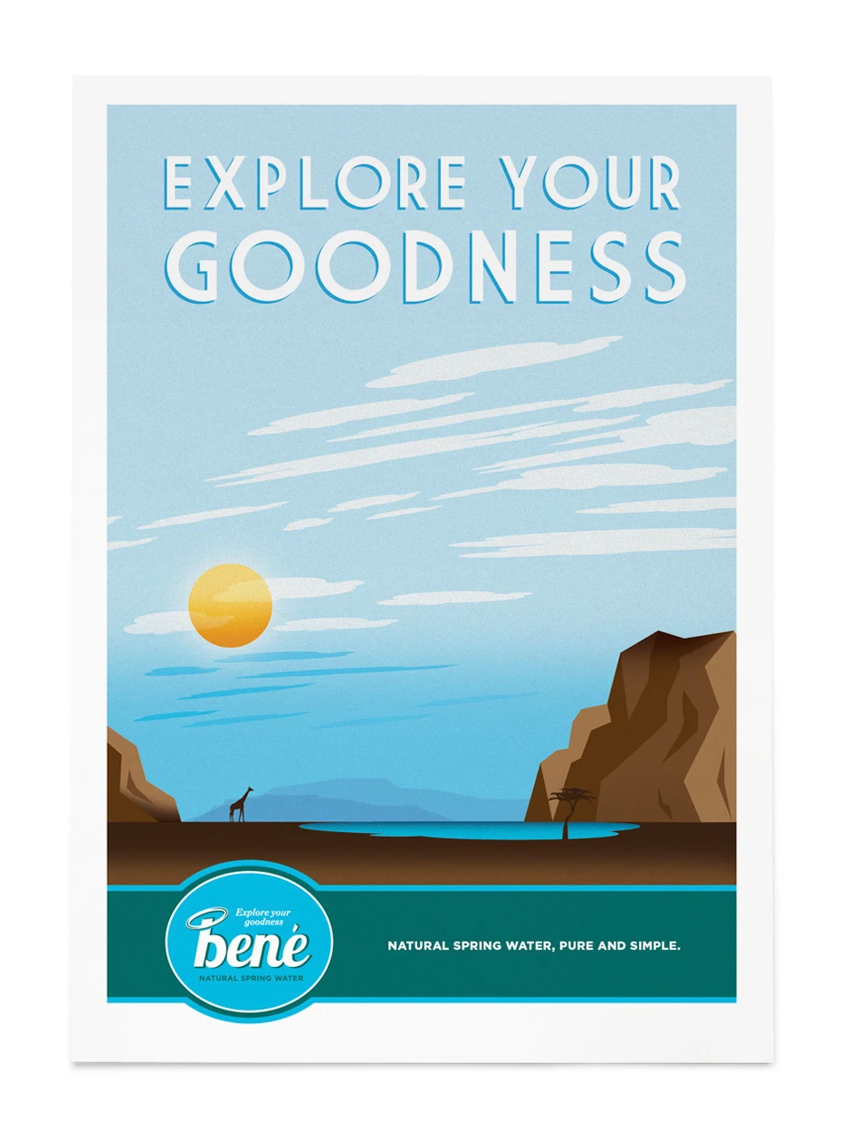 Bené poster showing a pale sky, sun and angular coastal cliffs