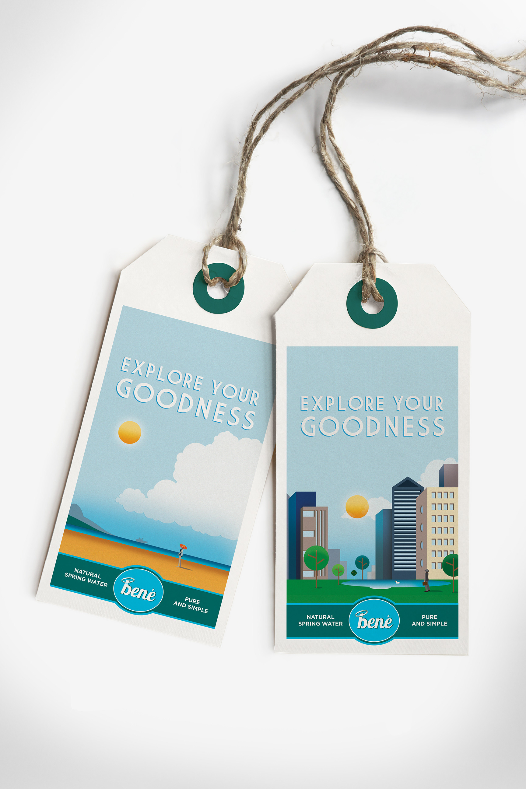 Two Bené Natural Spring Water swing tags photographed on a pale surface