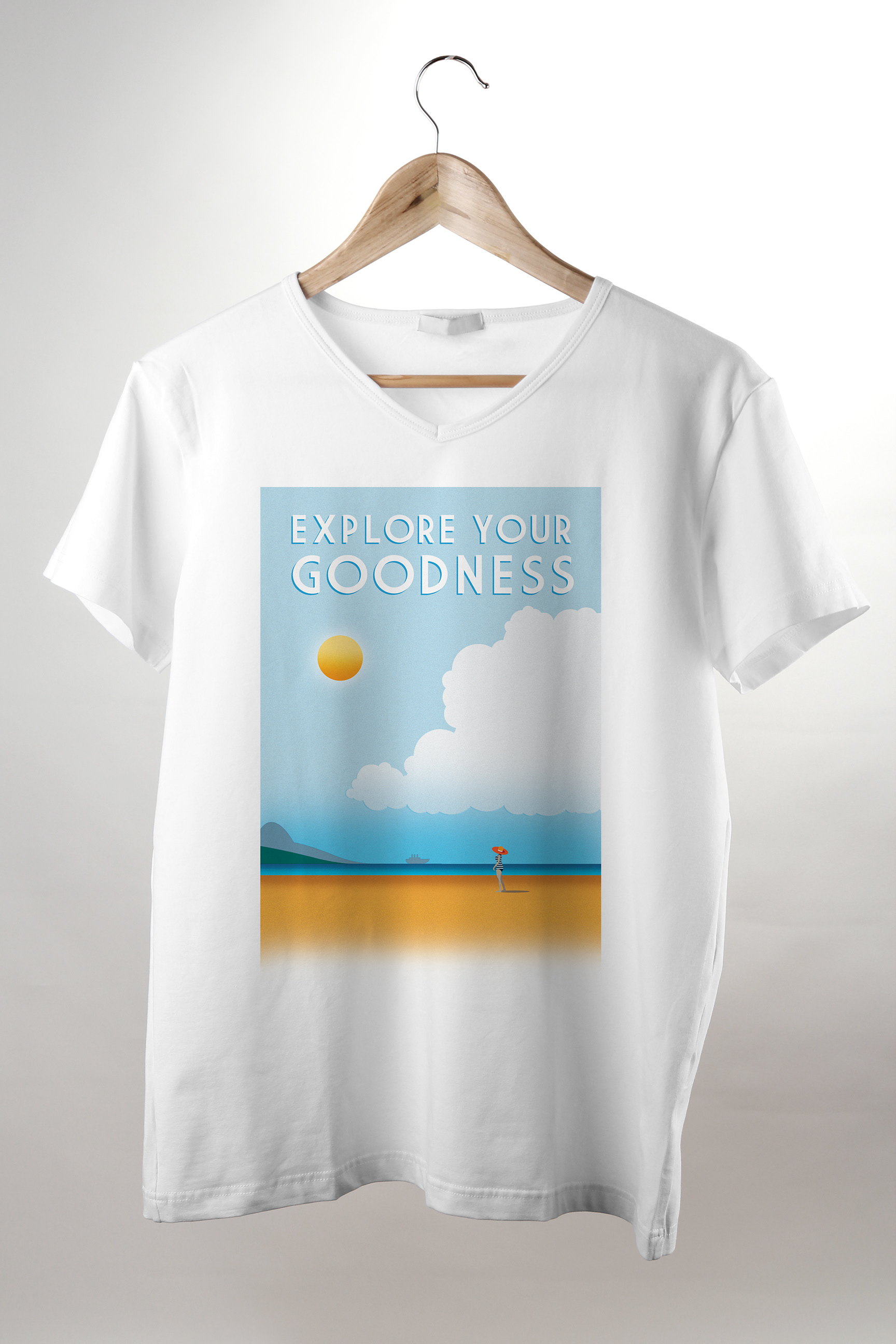 White T-shirt carrying the Bené coastal poster artwork