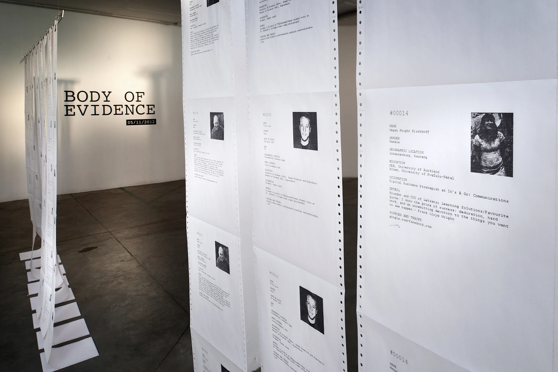 Body of Evidence installation with long suspended dot-matrix profiles filling a gallery