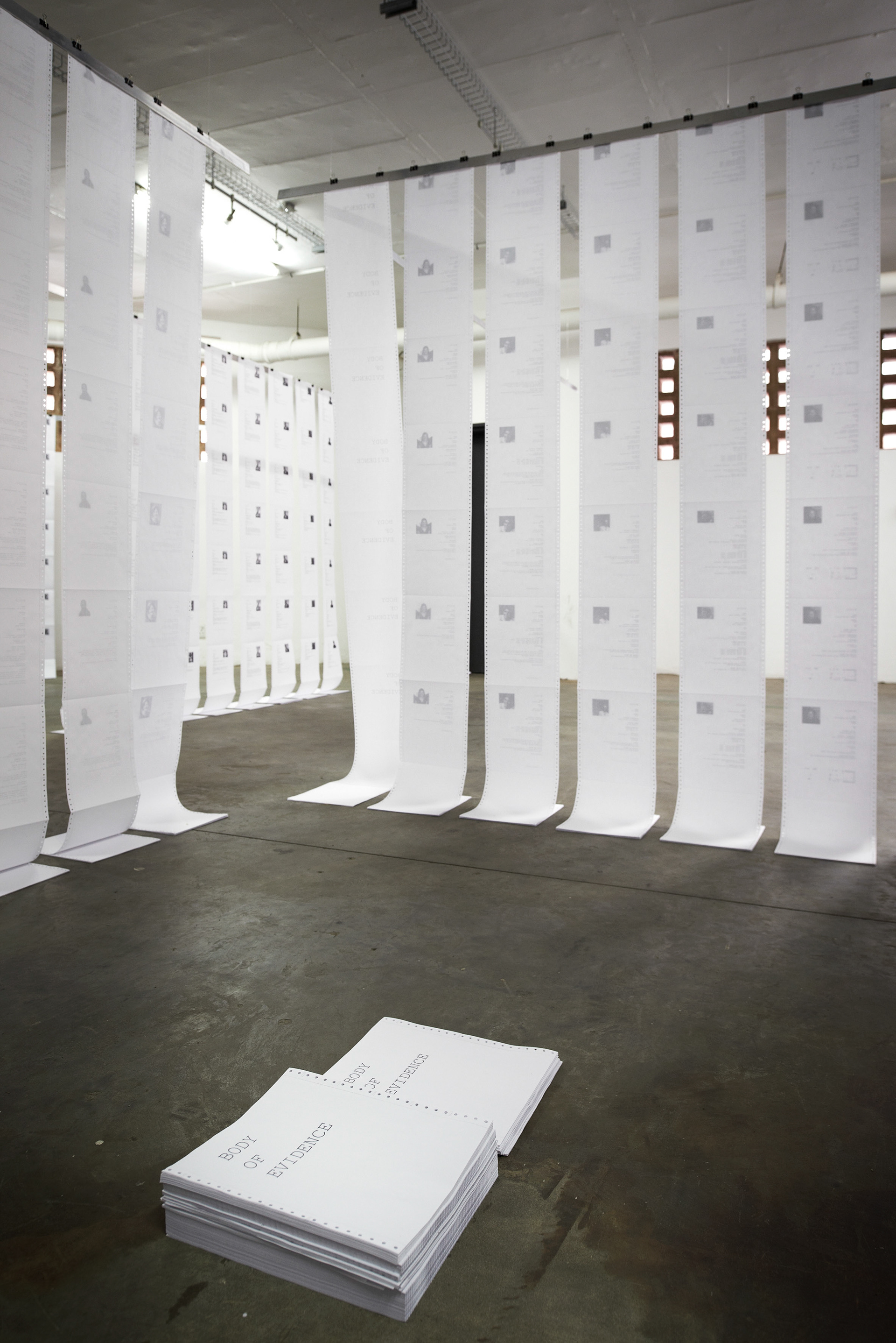 Wide view of the Body of Evidence installation and suspended paper framework