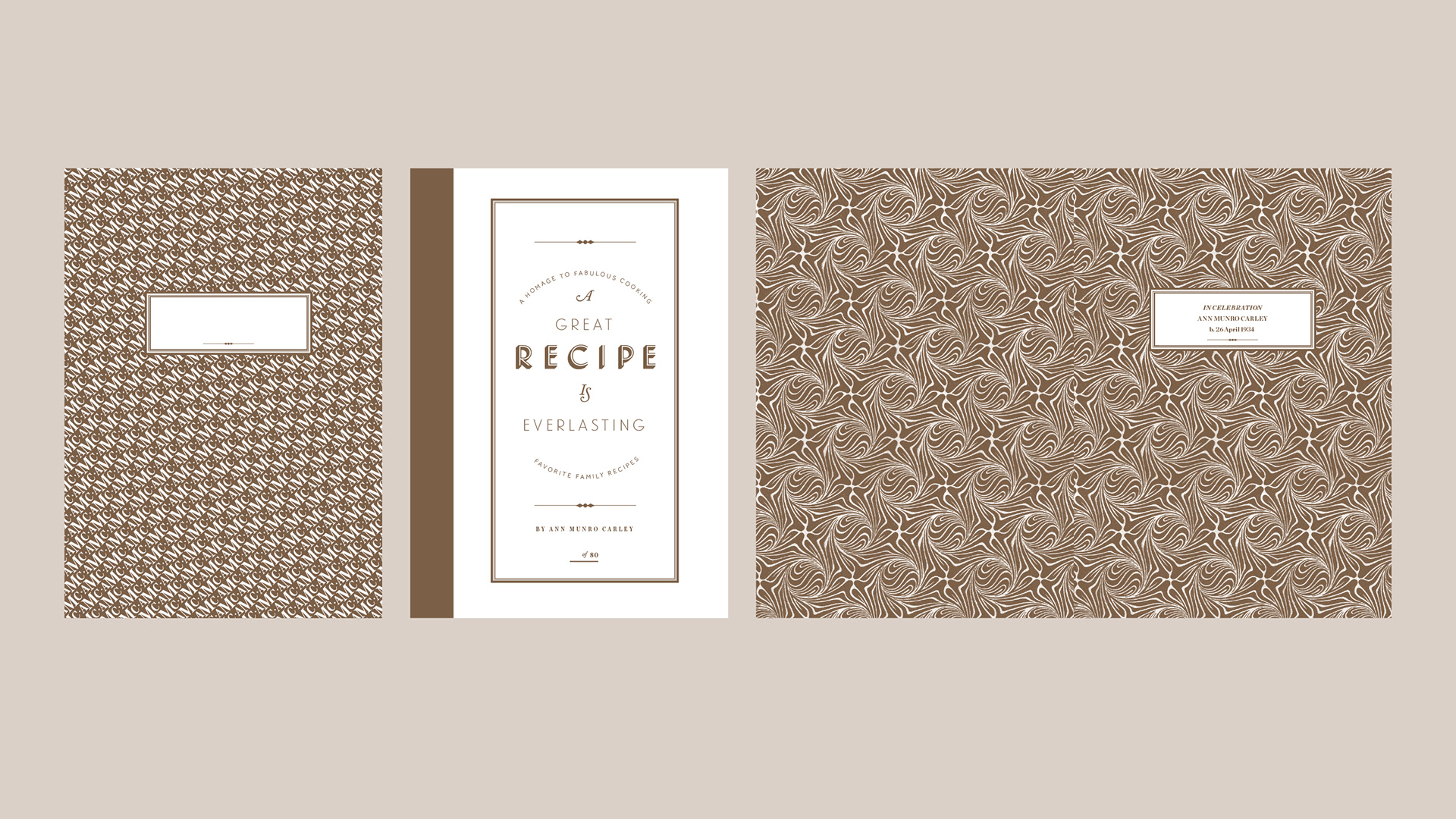 Cookbook cover, patterned slipcase and recipe title page arranged in warm neutral tones