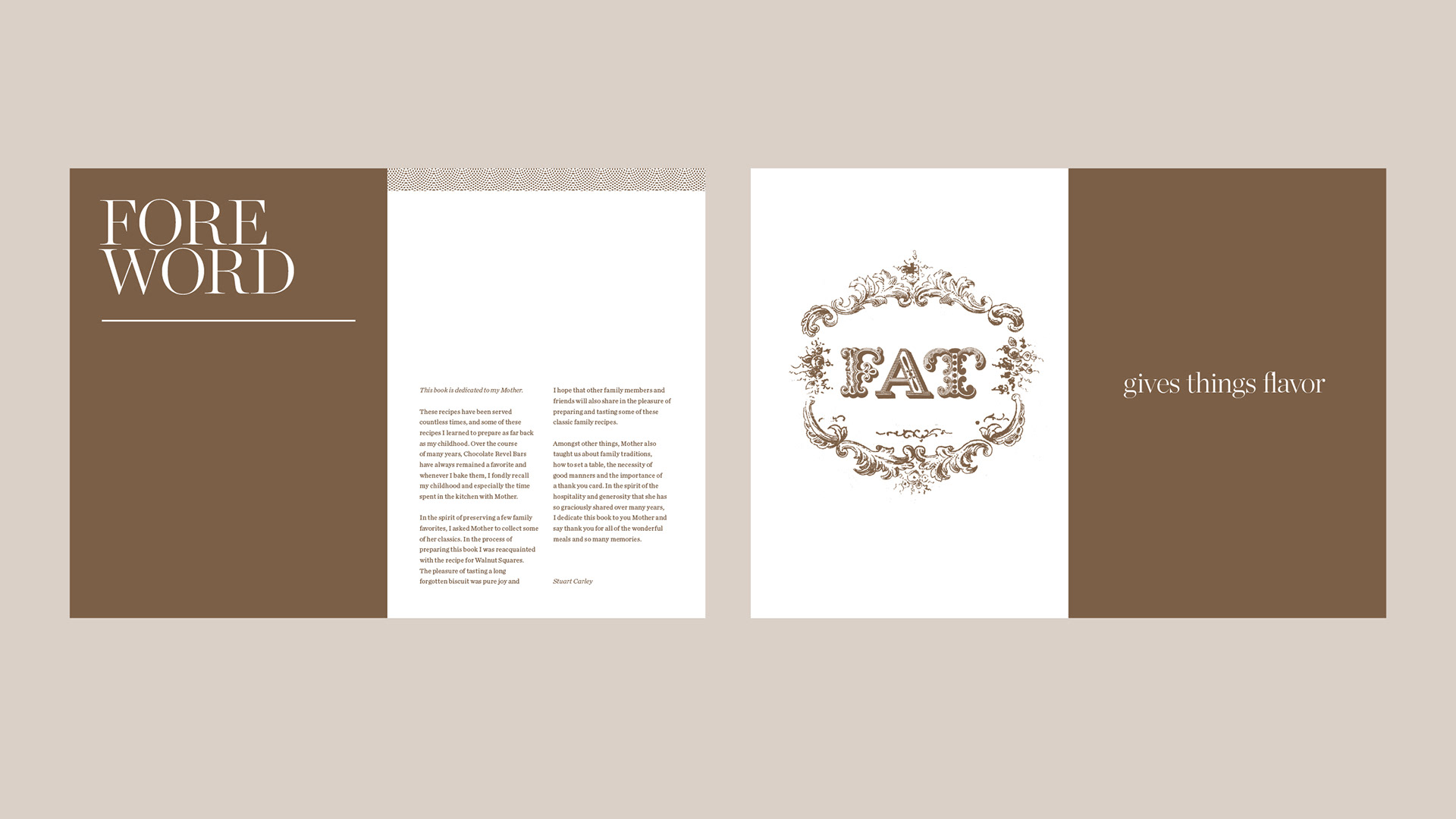 Foreword and chapter-opening spreads from the cookbook