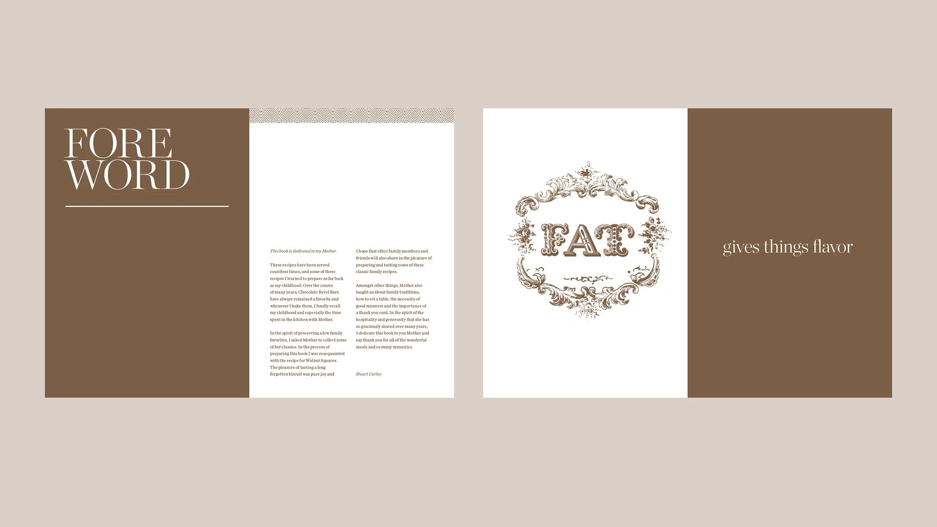 Foreword and chapter-opening spreads from the cookbook