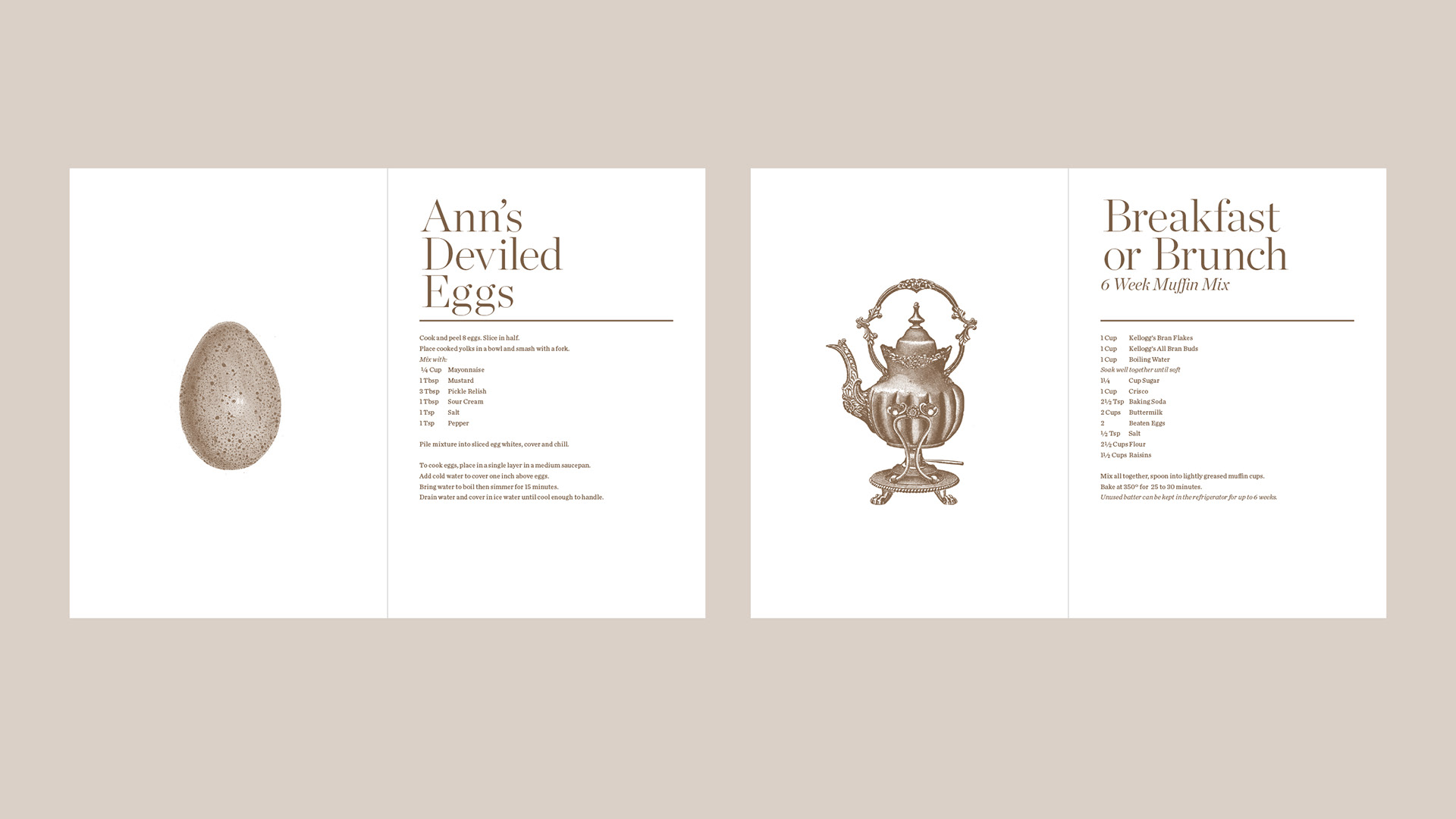 Devilled eggs and breakfast recipe spreads with vintage illustrations