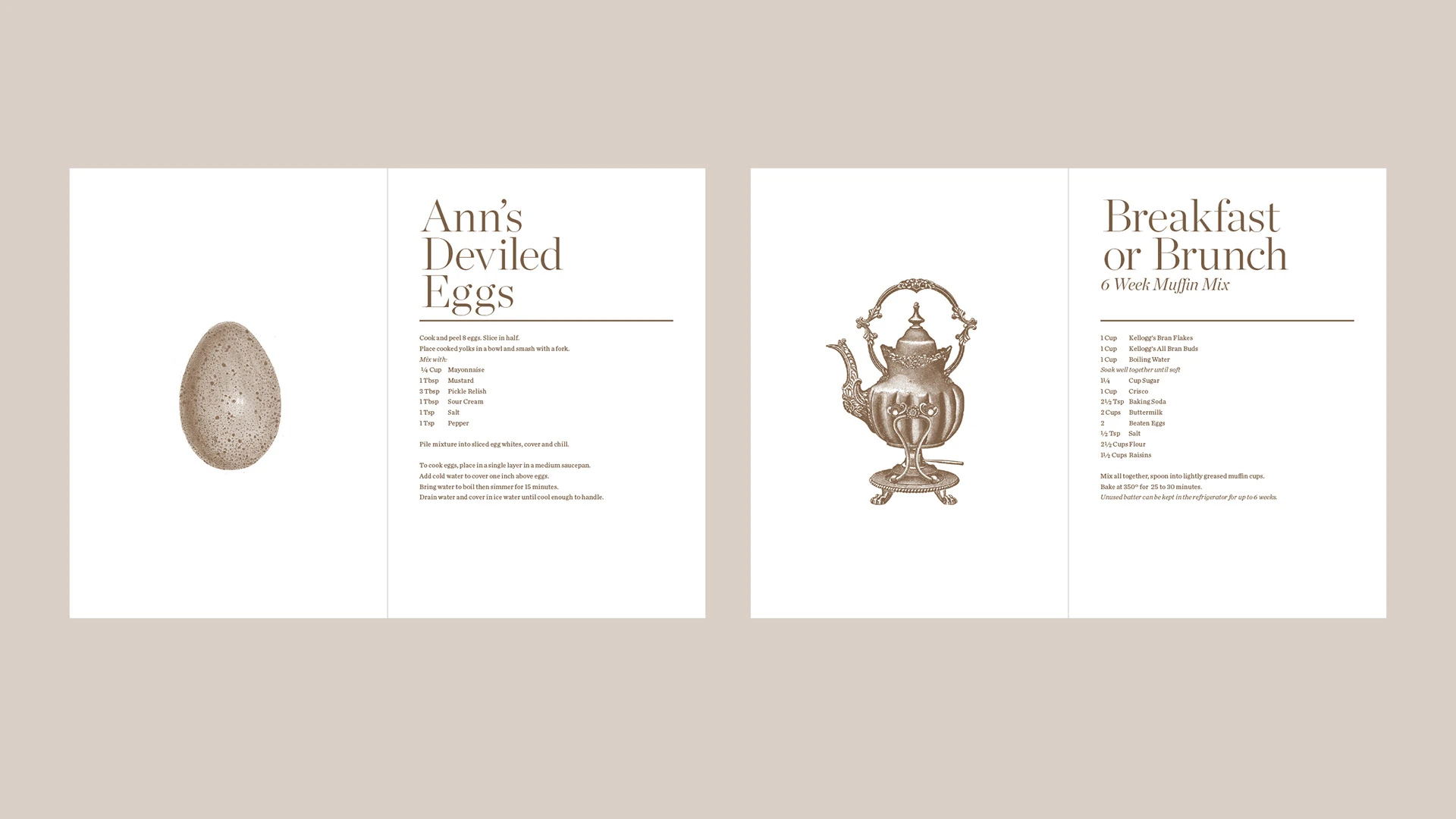 Devilled eggs and breakfast recipe spreads with vintage illustrations