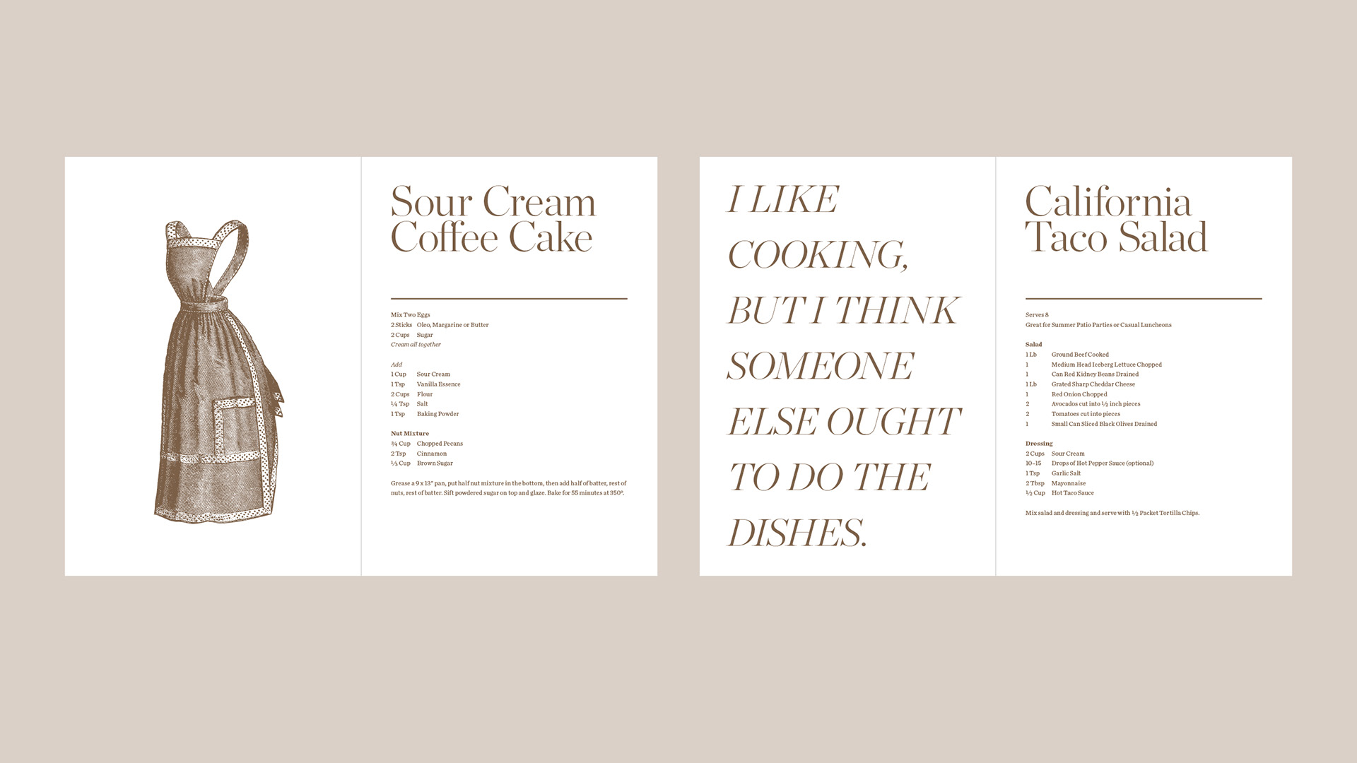 Recipe spreads combining a dress illustration, expressive type and a sour cream coffee cake recipe