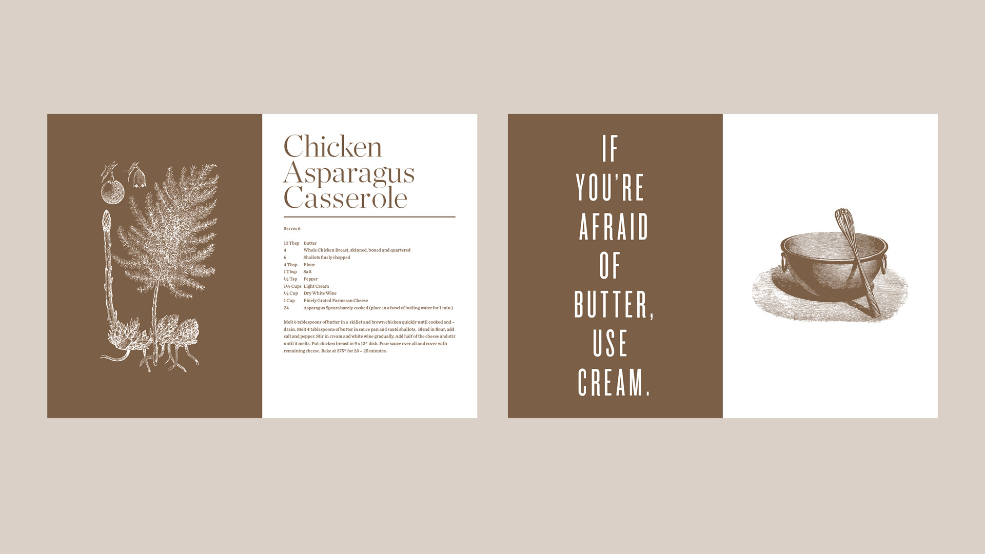 Chicken asparagus casserole spread with a bold typographic interlude