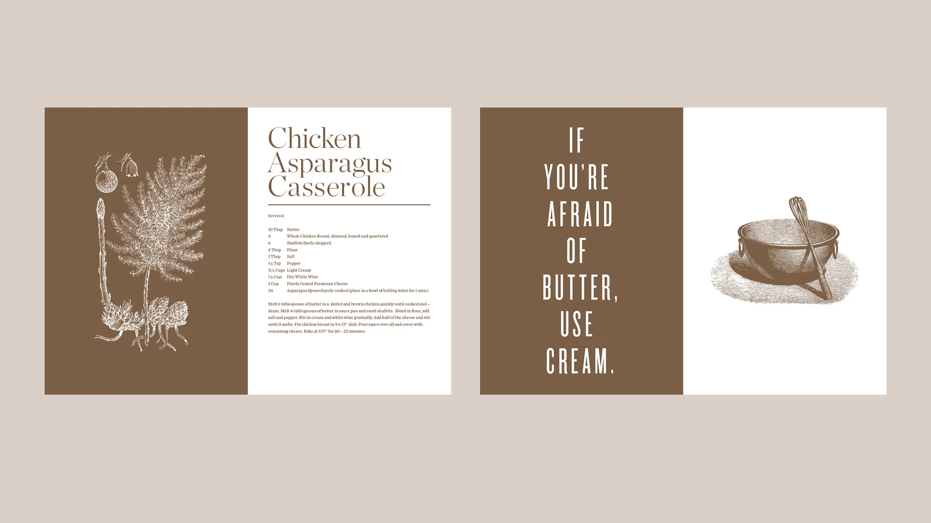 Chicken asparagus casserole spread with a bold typographic interlude