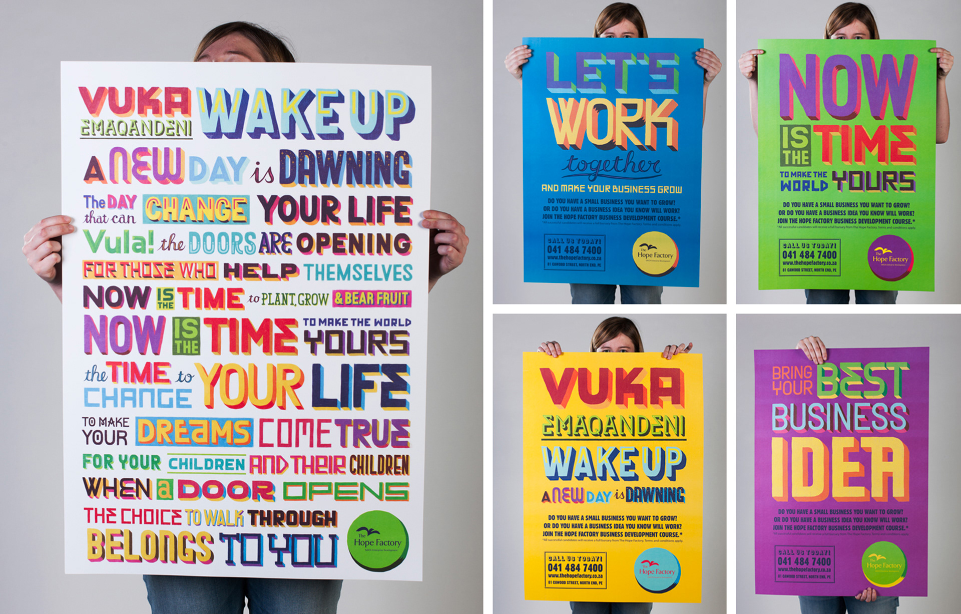 Colourful Hope Factory posters using large motivational typographic statements