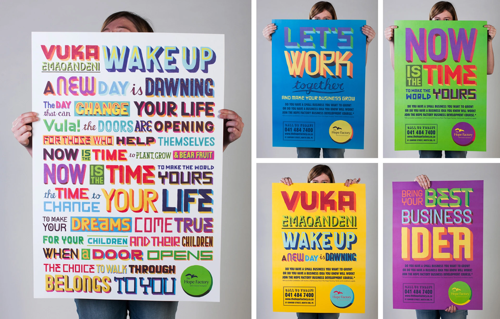 Colourful Hope Factory posters using large motivational typographic statements
