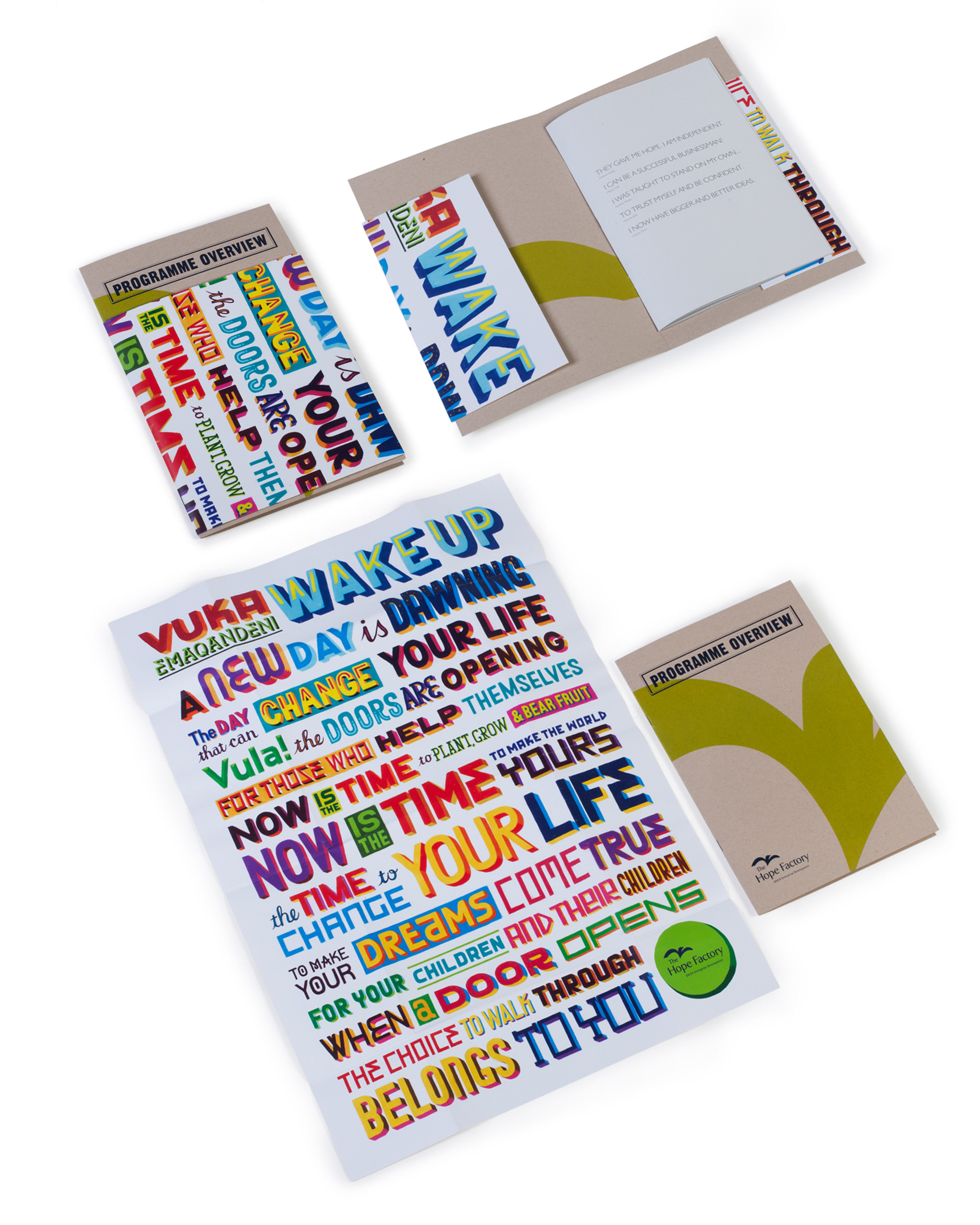 Hope Factory prospectus opening into a large typographic poster