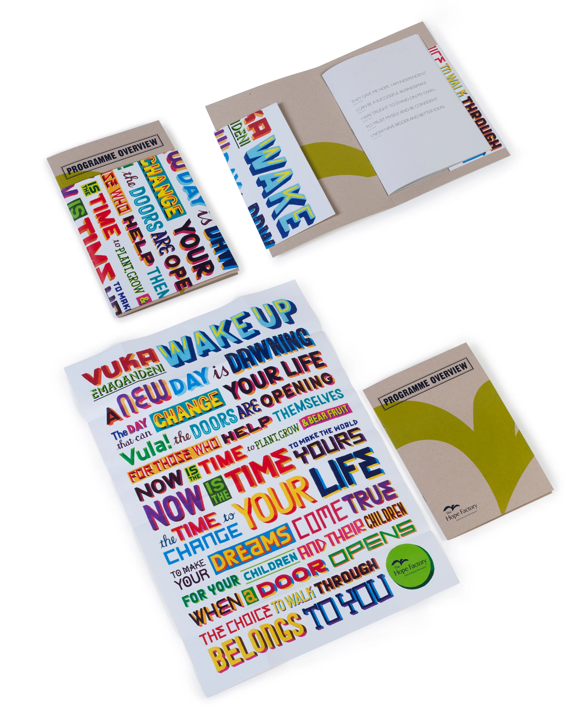 Hope Factory prospectus opening into a large typographic poster