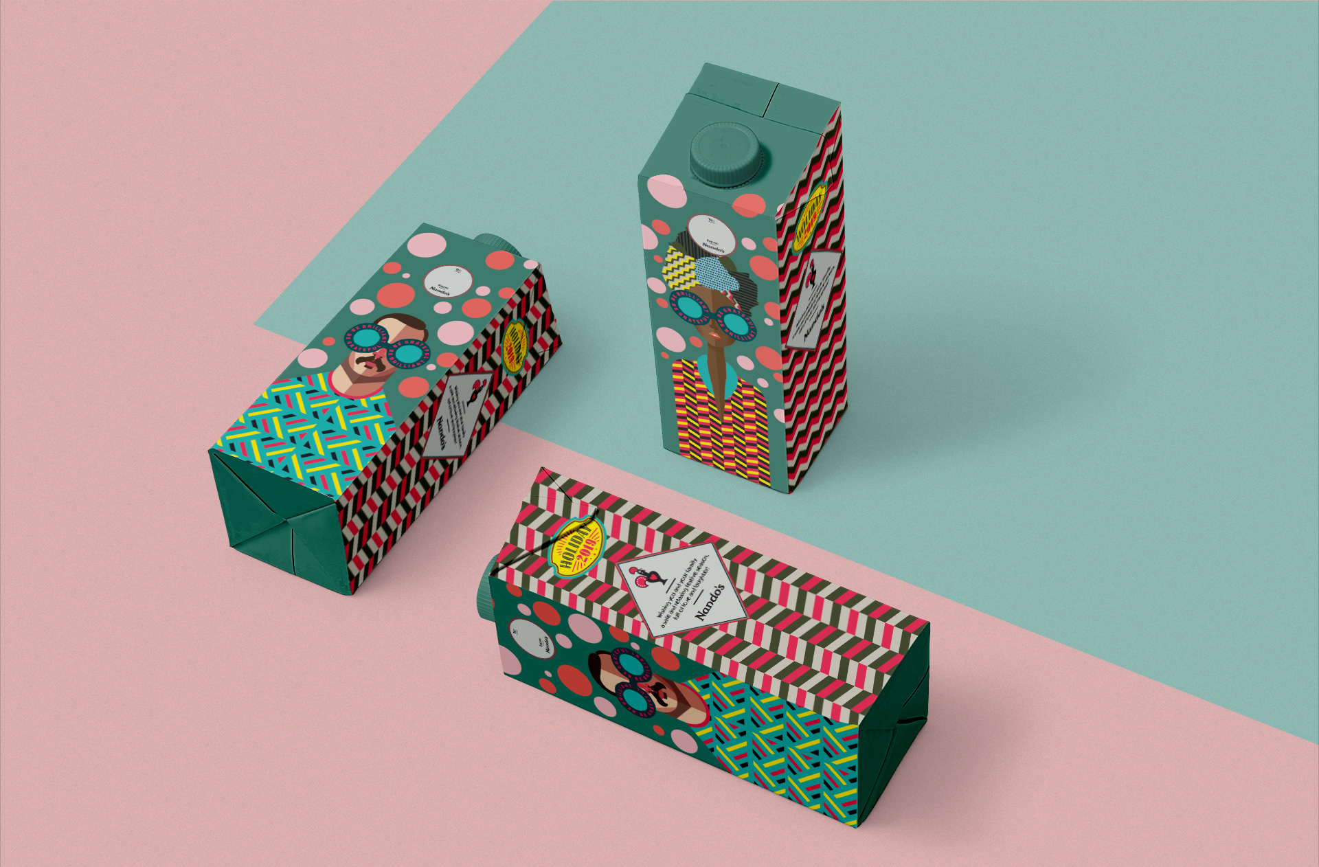 Three brightly patterned Nando's gift boxes arranged on mint and pink surfaces