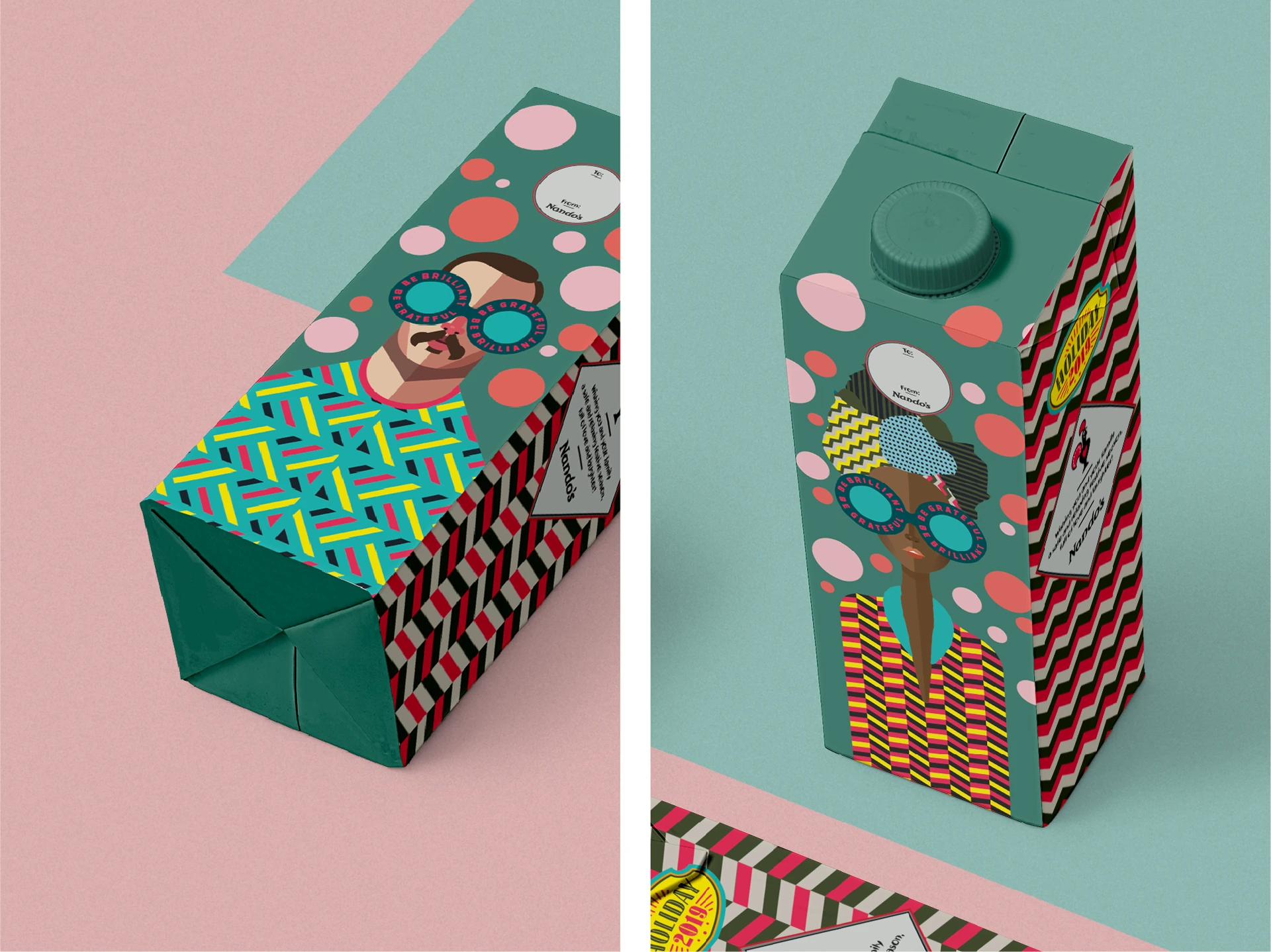 Open and closed Nando's gift boxes showing patterned surfaces and circular products