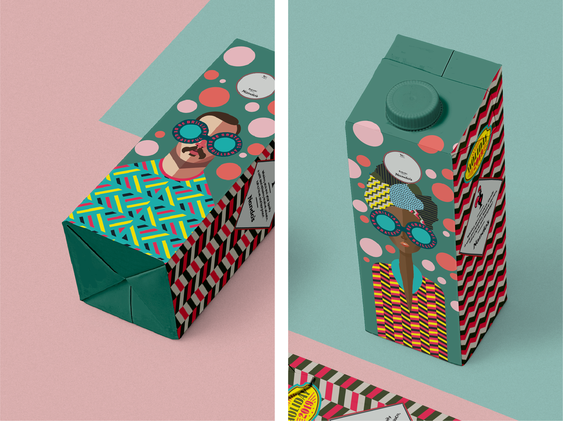 Open and closed Nando's gift boxes showing patterned surfaces and circular products