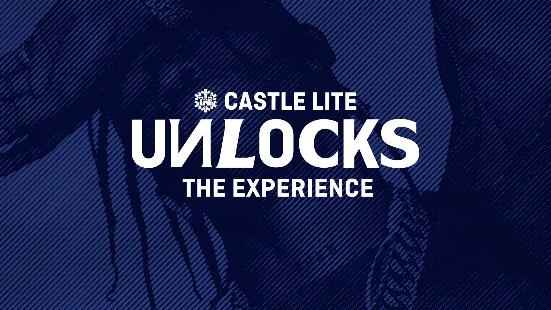 Castle Lite Unlocks identity over a deep-blue halftone concert image