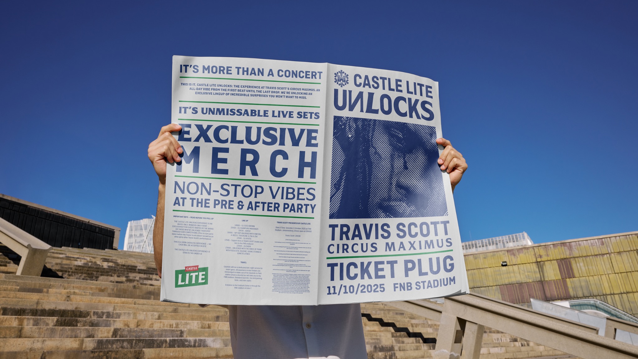 Castle Lite Unlocks newspaper announcing the Travis Scott concert experience