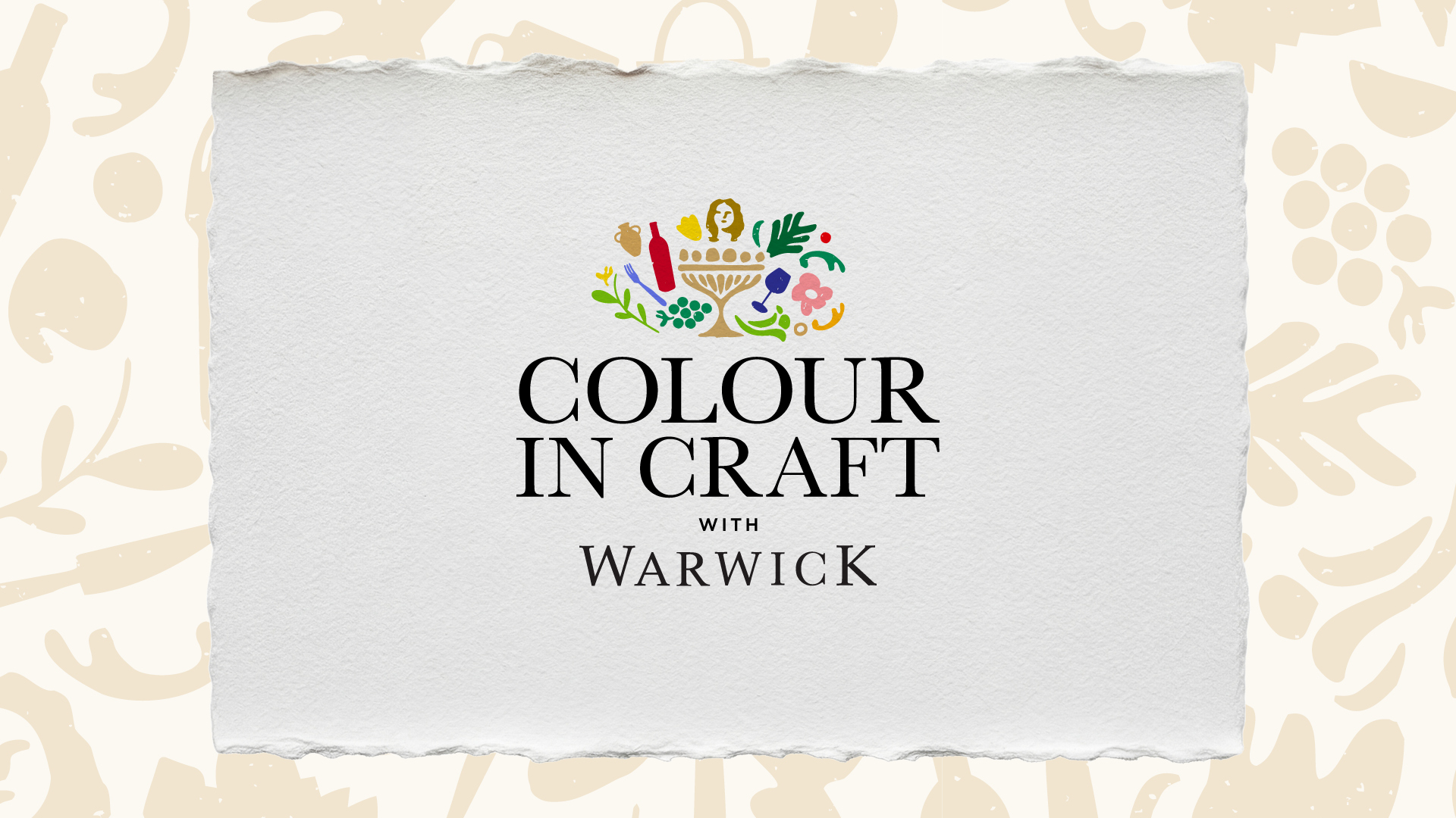 Colour in Craft campaign hero showing the Warwick identity, vivid pattern and wine presentation