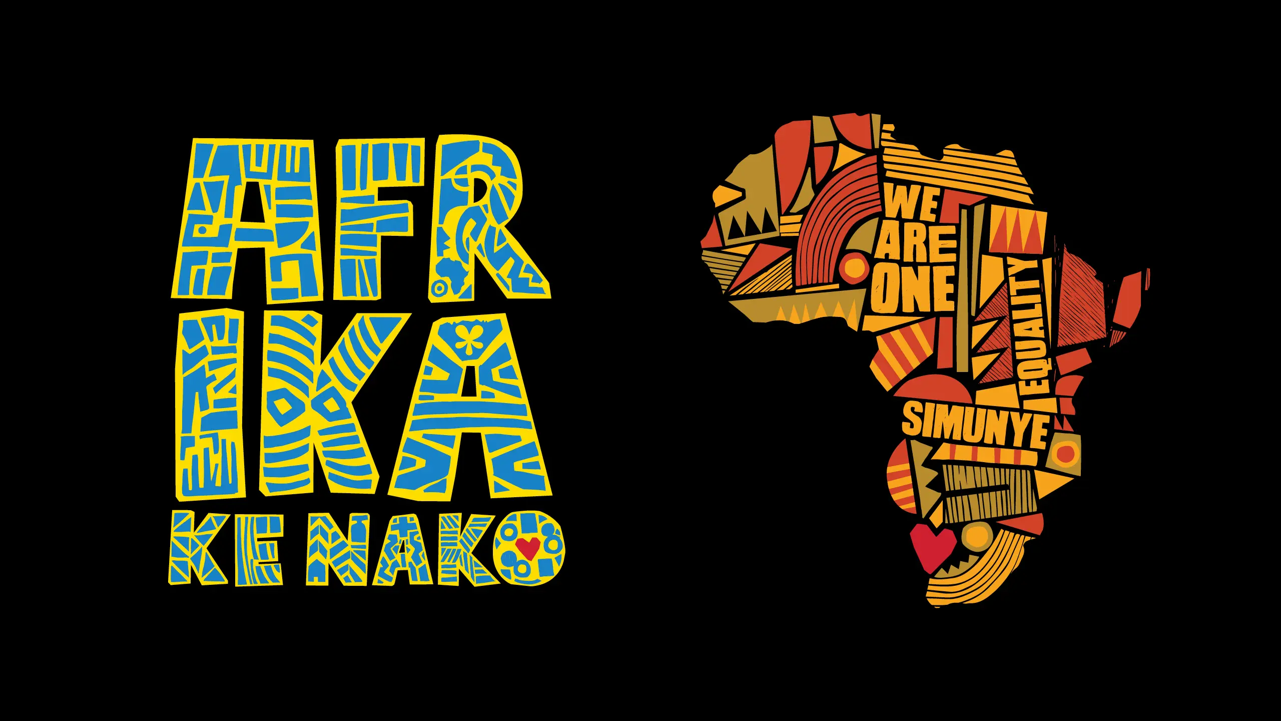 Two Goodbye Malaria campaign graphics on black: AFRIKA KE RAKO in blue and yellow, and an illustrated African continent built from messages of unity