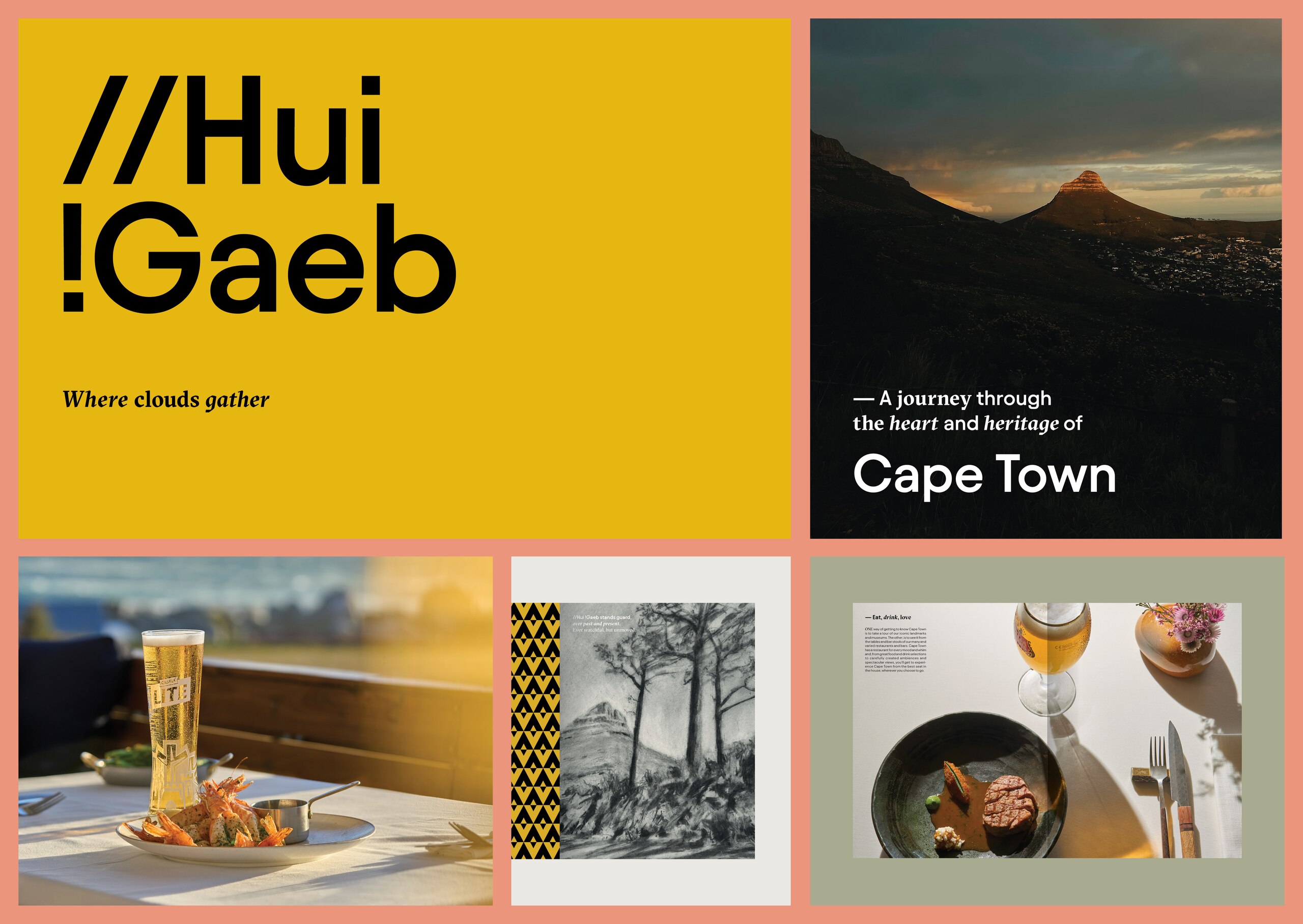 Grid combining the //Hui !Gaeb identity, Cape Town landscape, dining photography and publication details