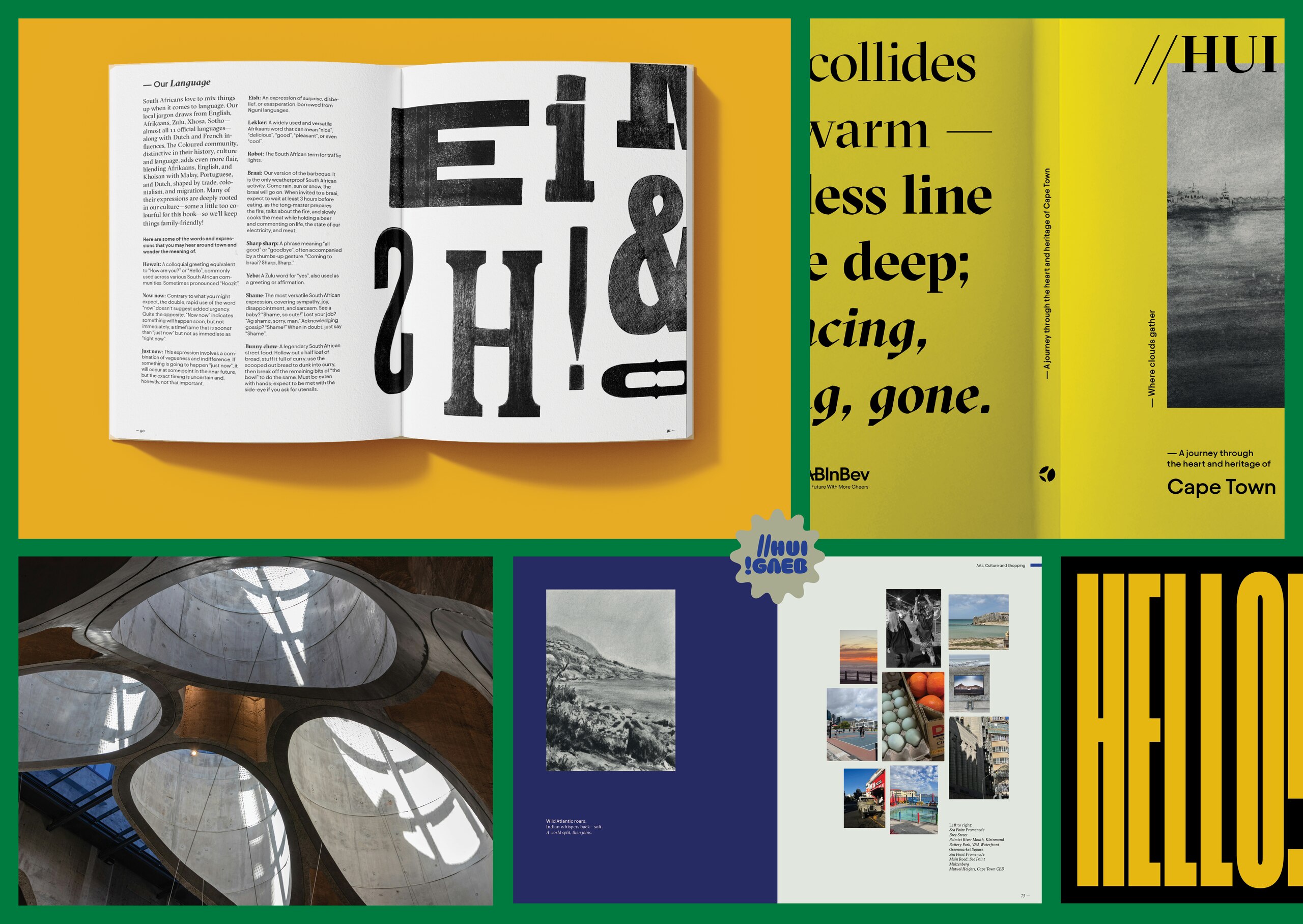 Publication spreads and jacket details showing expressive typography and contrasting colour fields