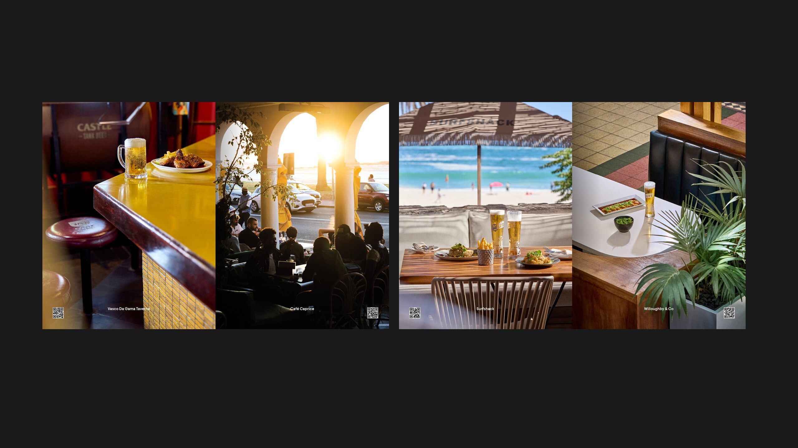 Four photographs of Cape Town bars, restaurants, seaside dining and shop interiors