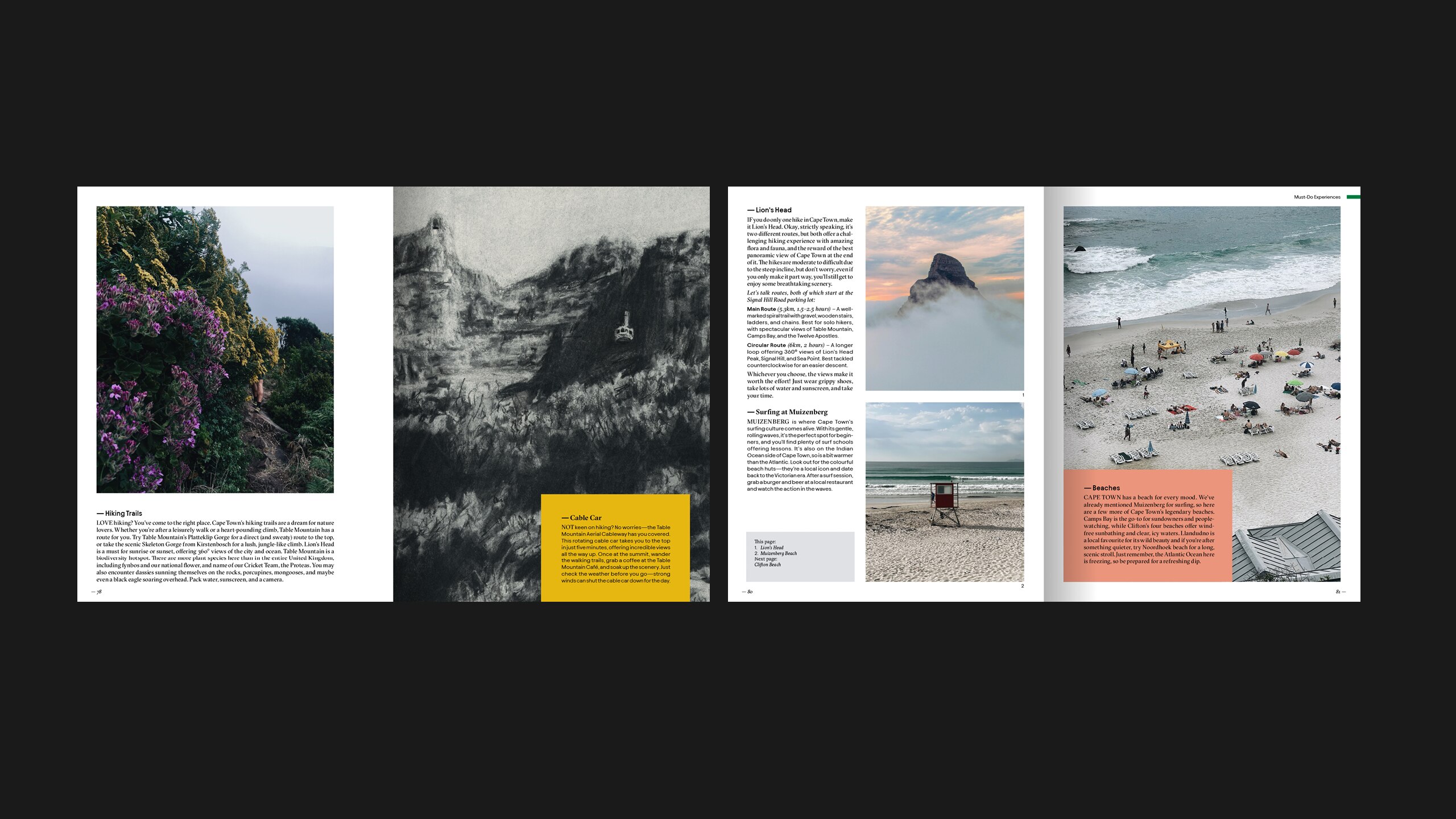 Publication spreads combining Cape floral, mountain and coastal imagery