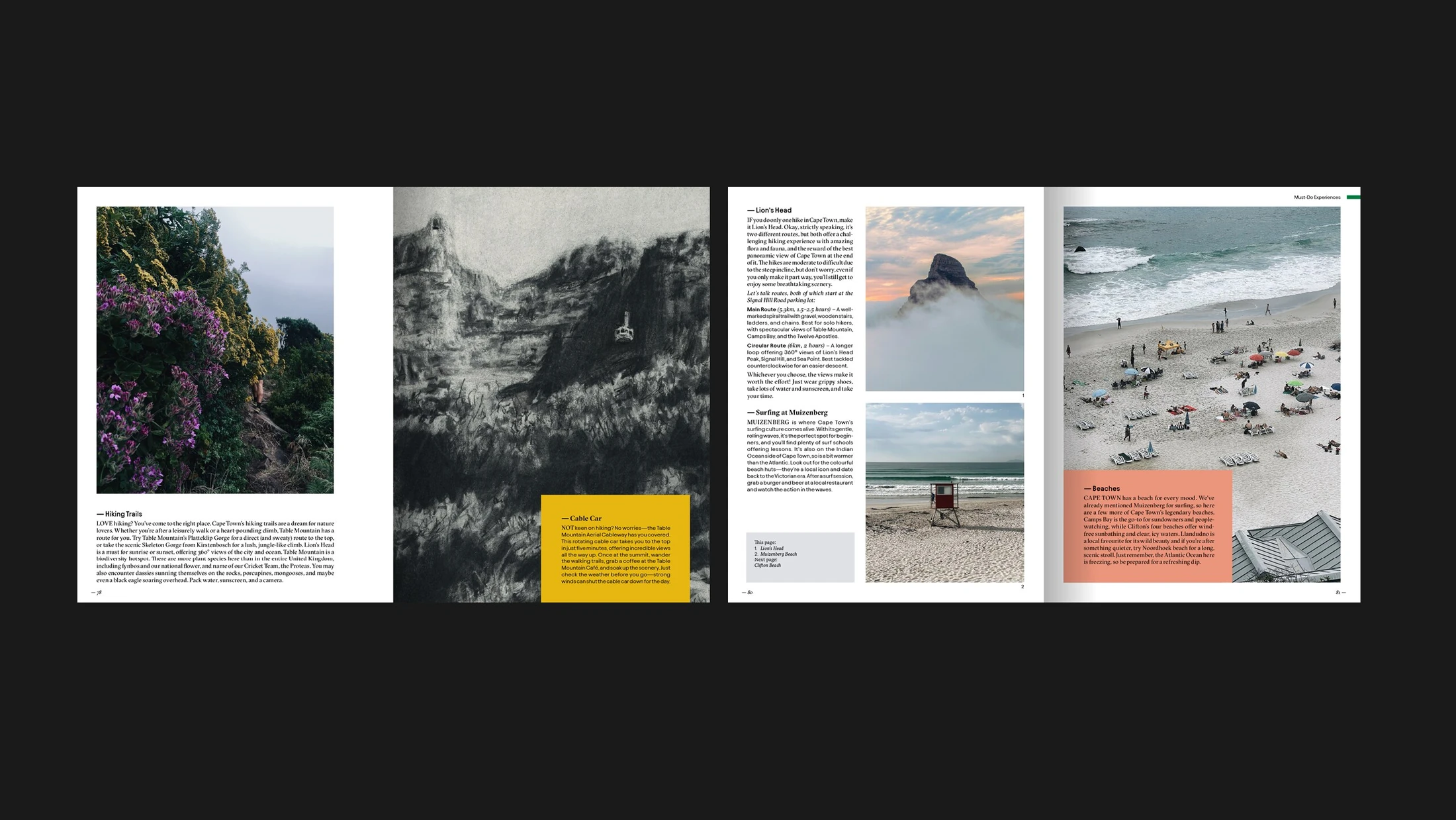Publication spreads combining Cape floral, mountain and coastal imagery