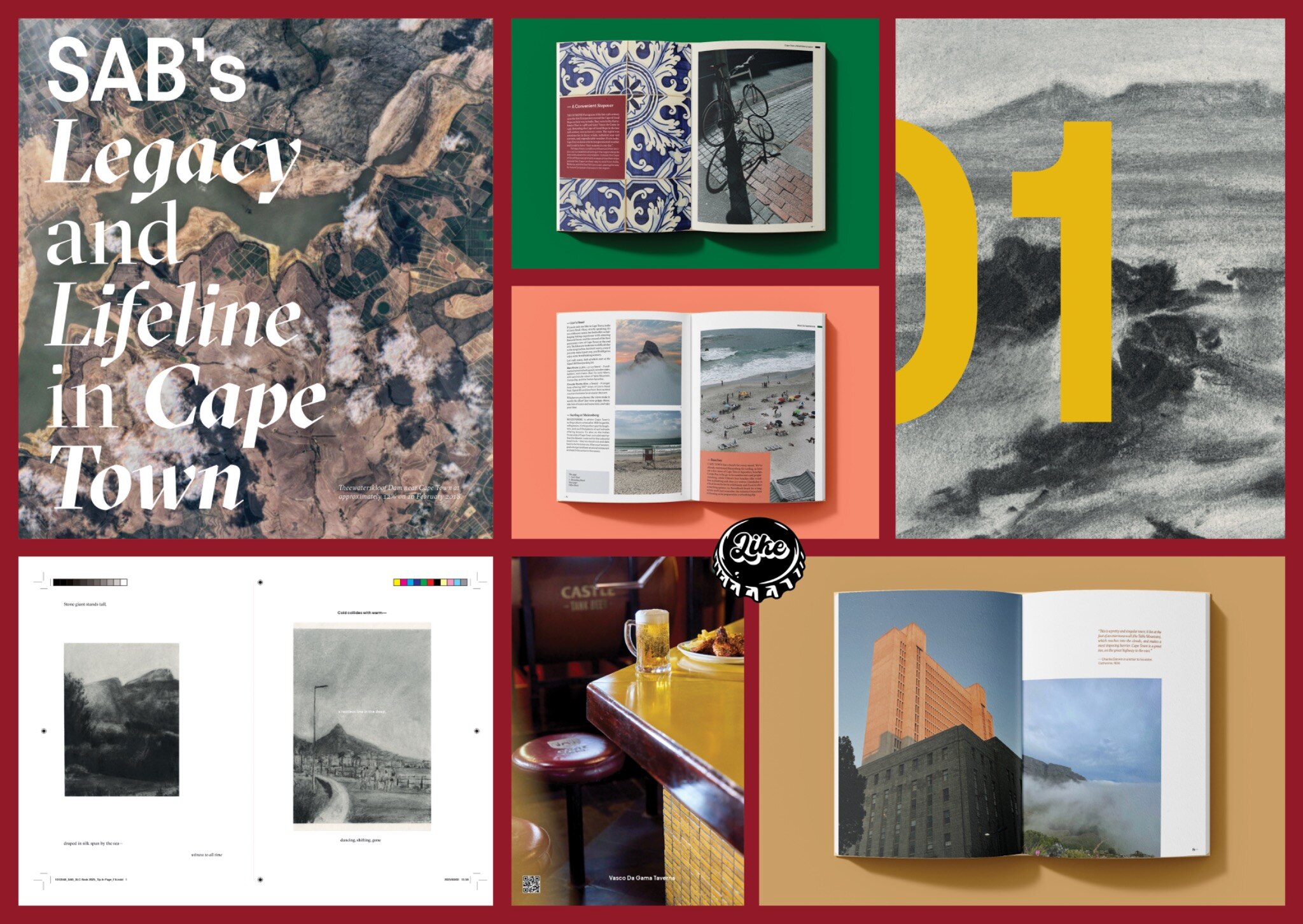 Editorial board combining the SAB legacy section title, publication spreads, atmospheric Cape Town imagery, a tavern photograph and layout studies