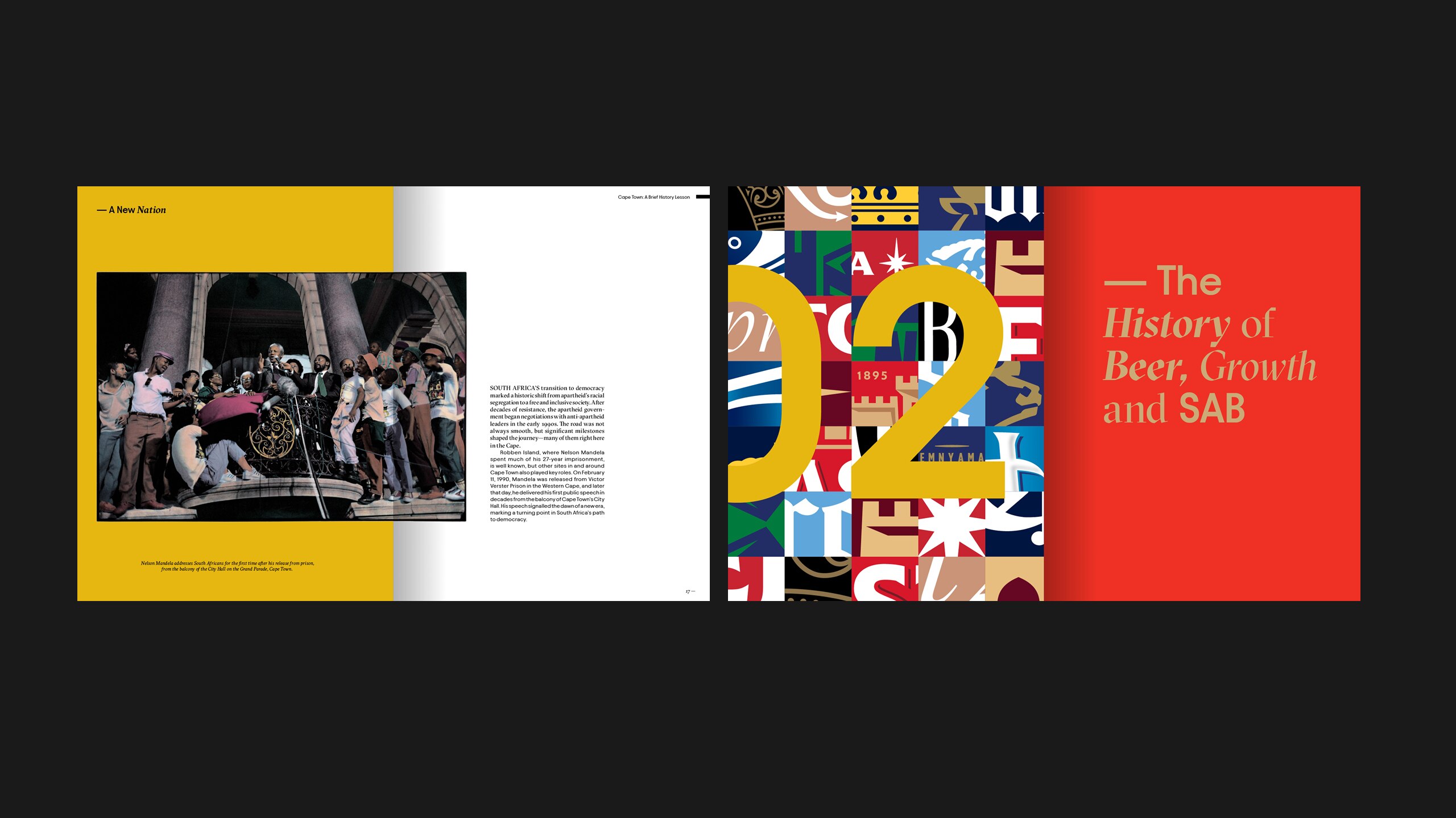 Open book spread moving from an illustrated beer history to The History of Beer, Growth and SAB
