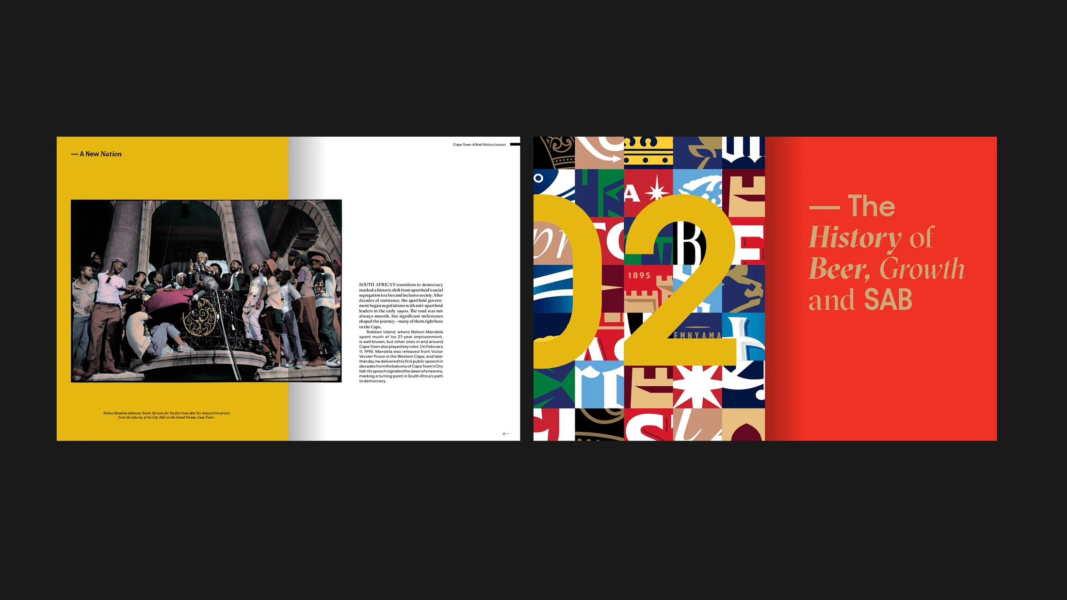 Open book spread moving from an illustrated beer history to The History of Beer, Growth and SAB