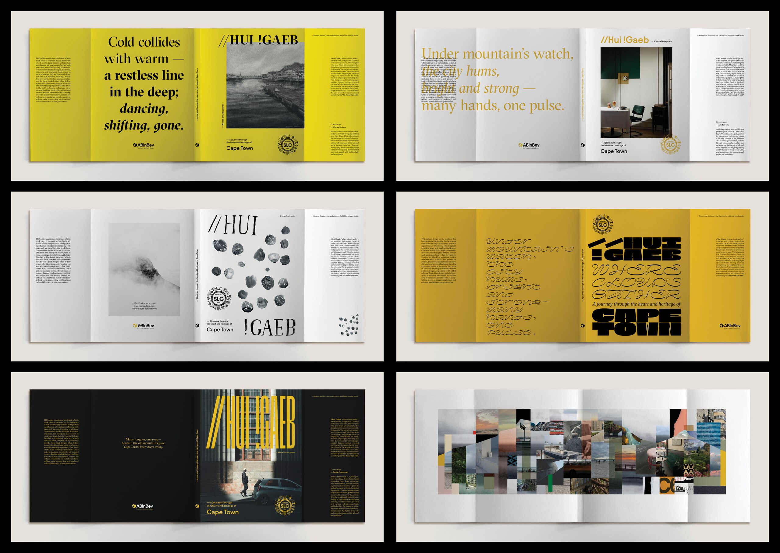 Six open publication spreads displaying distinct typographic covers and visual languages