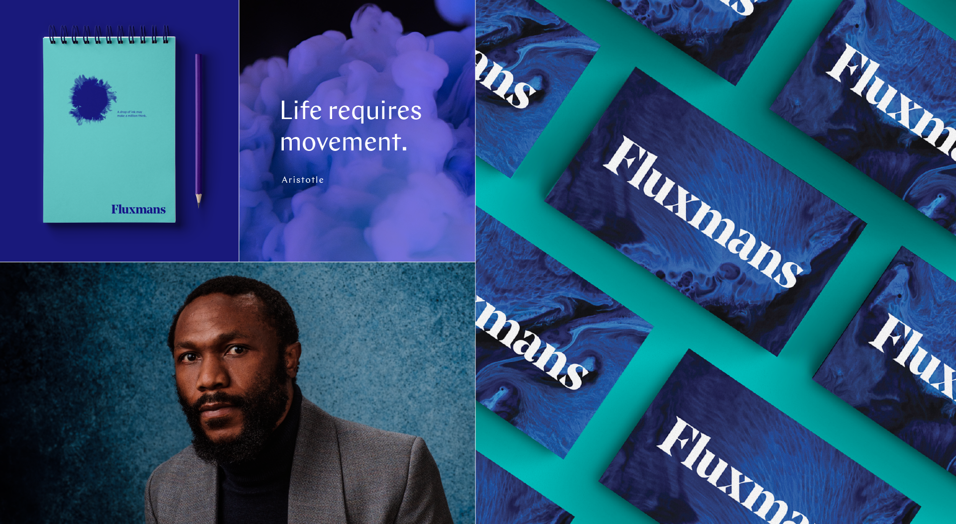 Fluxmans visual identity composition expressing change through layered colour, typography and imagery