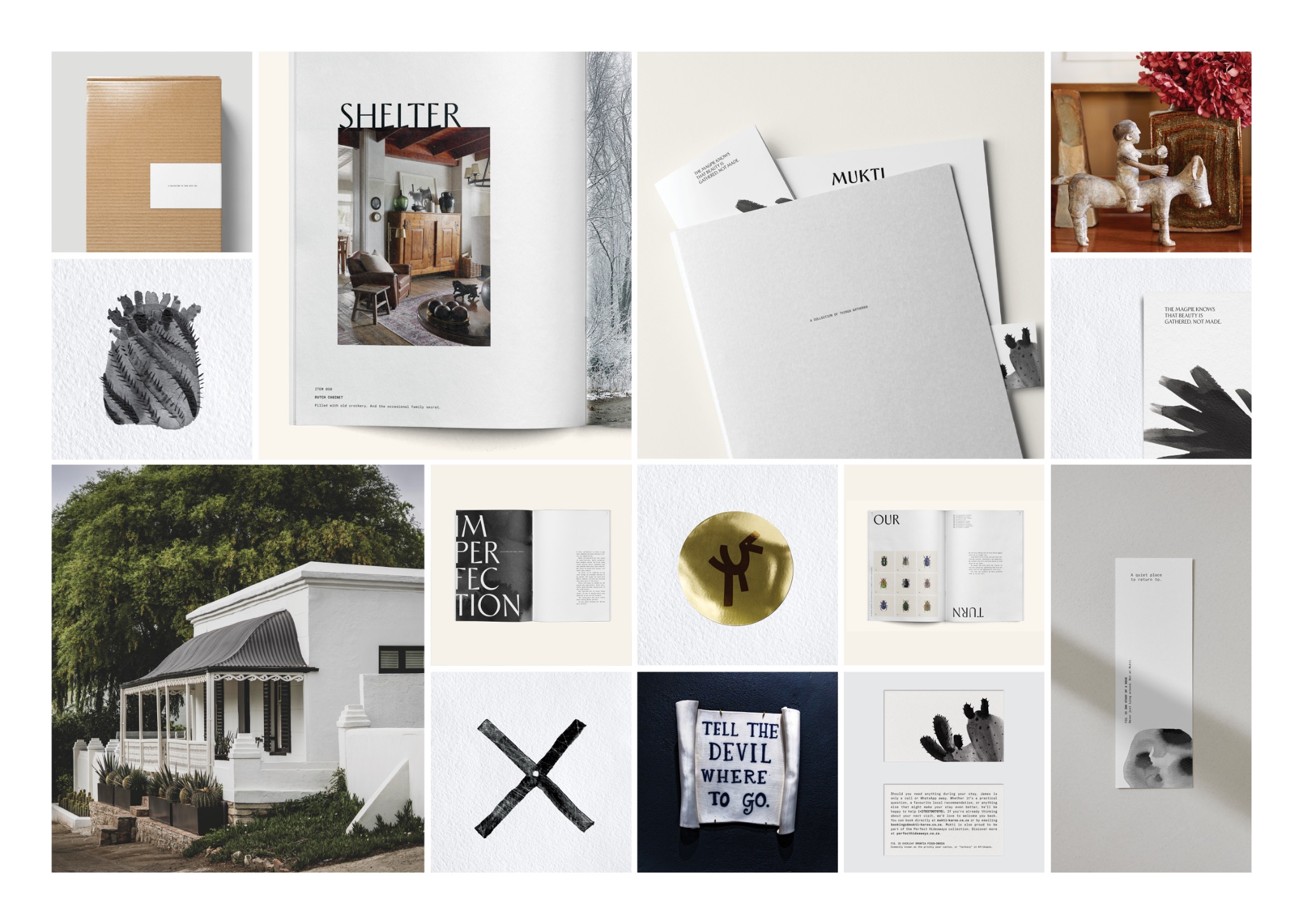 Mukti editorial board showing the publication covers, restored cottage, printed collateral, tactile details and a gold seal