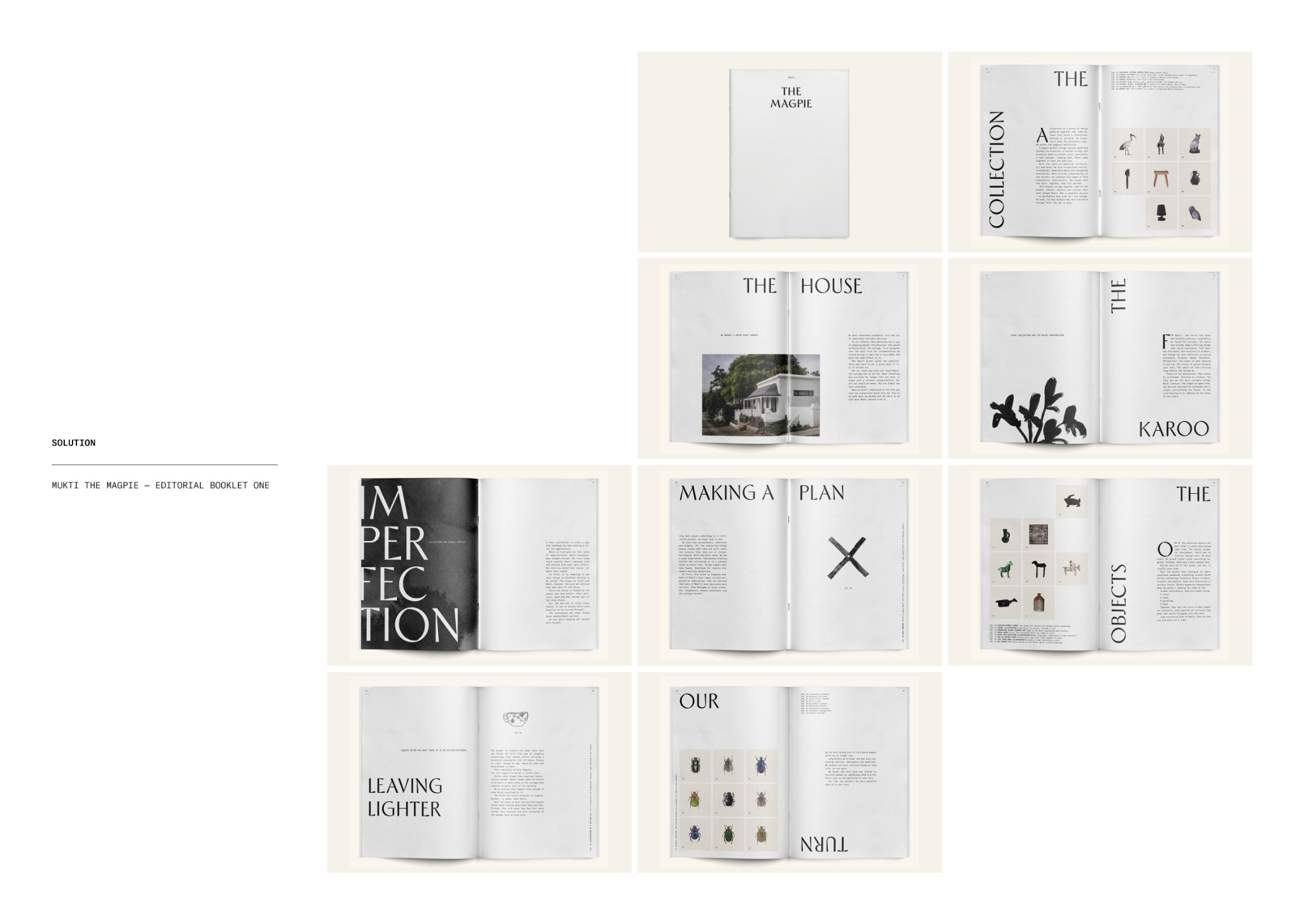 Mukti editorial board showing typographic spreads from The Magpie booklet, including house, Karoo, objects and collection pages