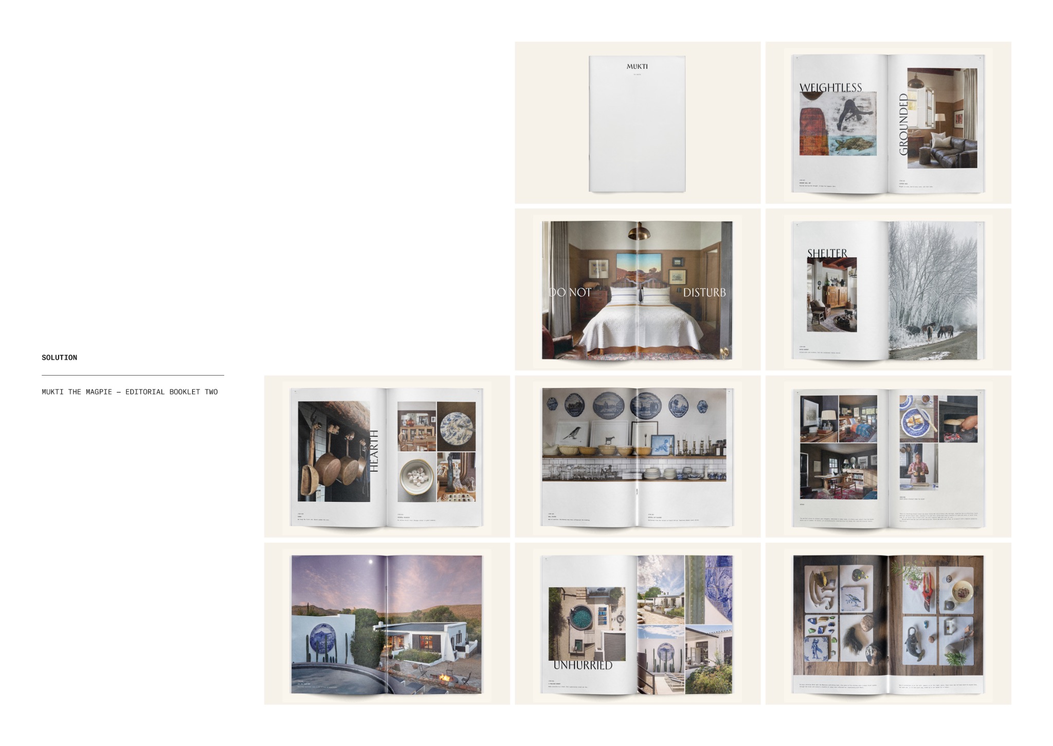 Mukti editorial board showing photographed spreads from the Mukti booklet, including interiors, objects and the cottage landscape