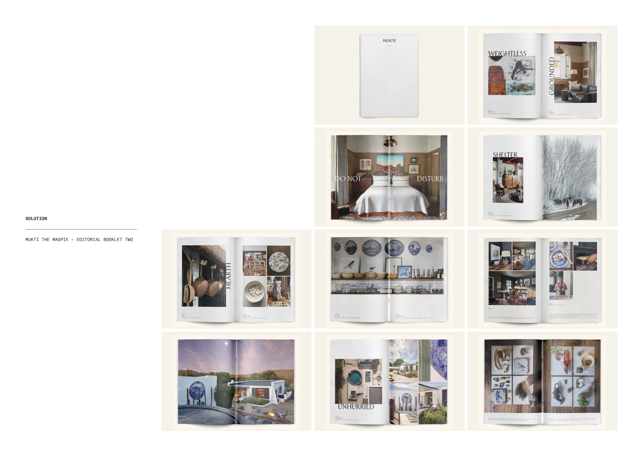 Mukti editorial board showing photographed spreads from the Mukti booklet, including interiors, objects and the cottage landscape