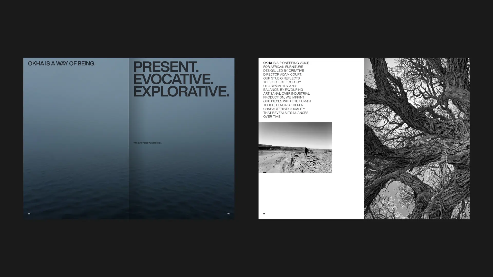 OKHA manifesto spreads combining blue ocean imagery, a bold typographic statement and black-and-white landscape photography