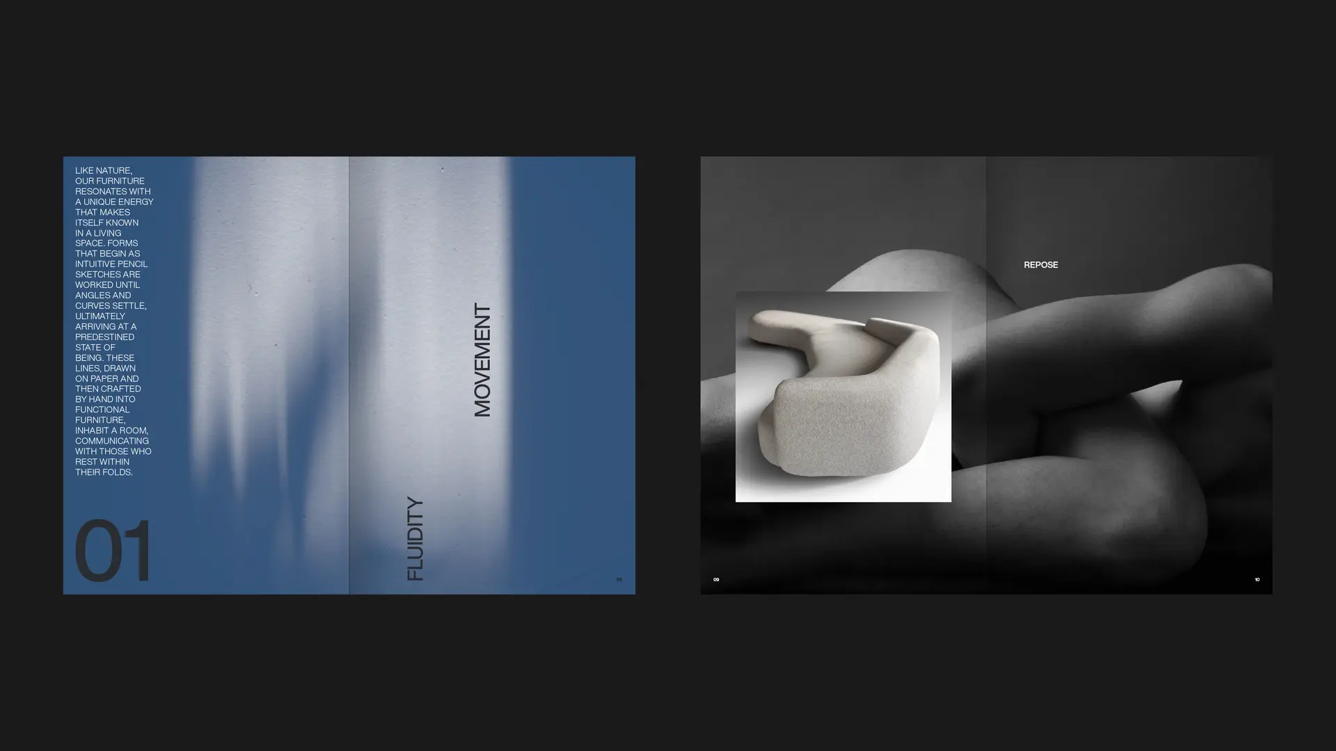 OKHA manifesto chapter one spreads on fluidity and movement with sculptural furniture photography