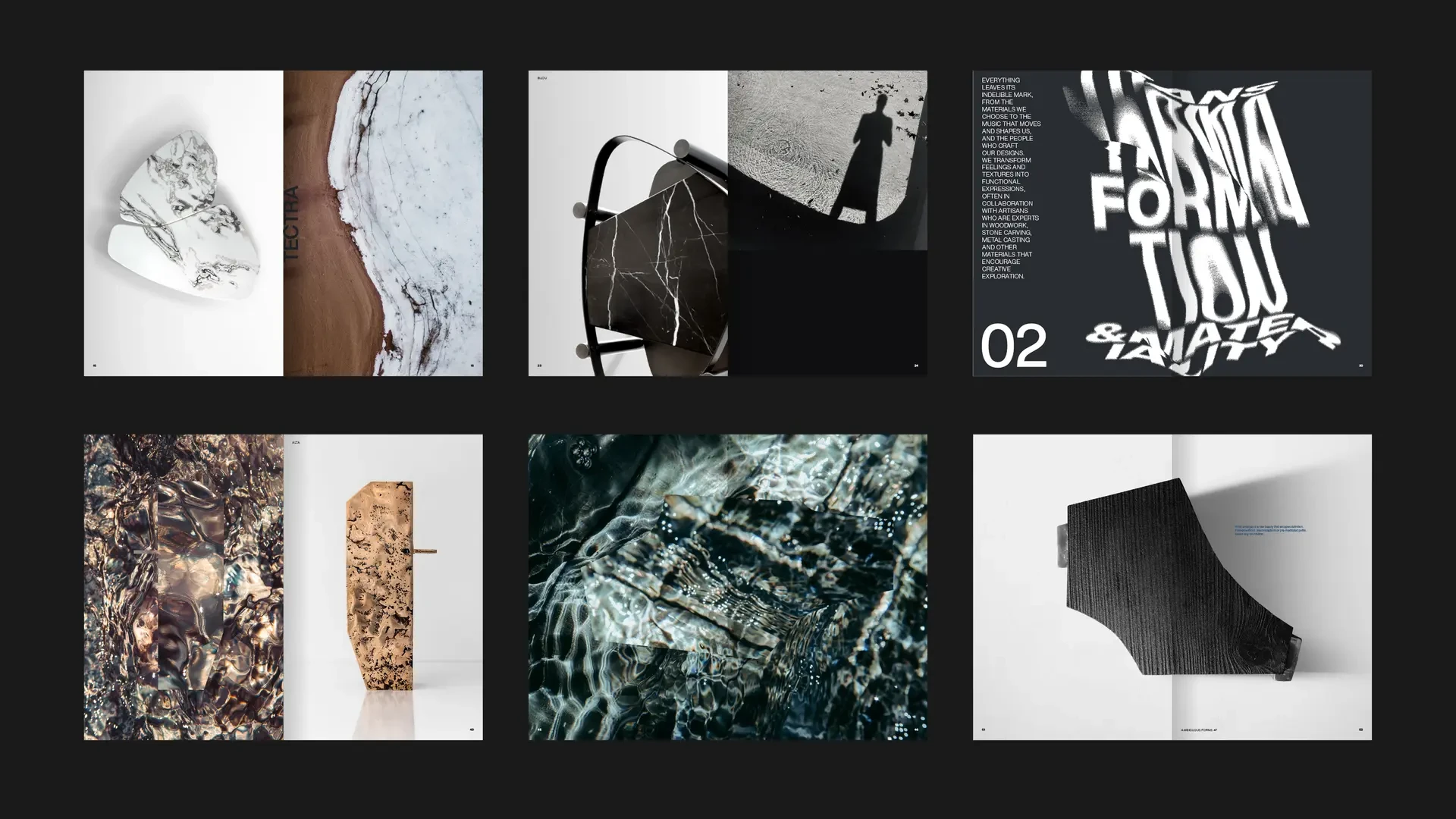 OKHA manifesto chapter two image board combining material studies, process imagery, expressive type and furniture