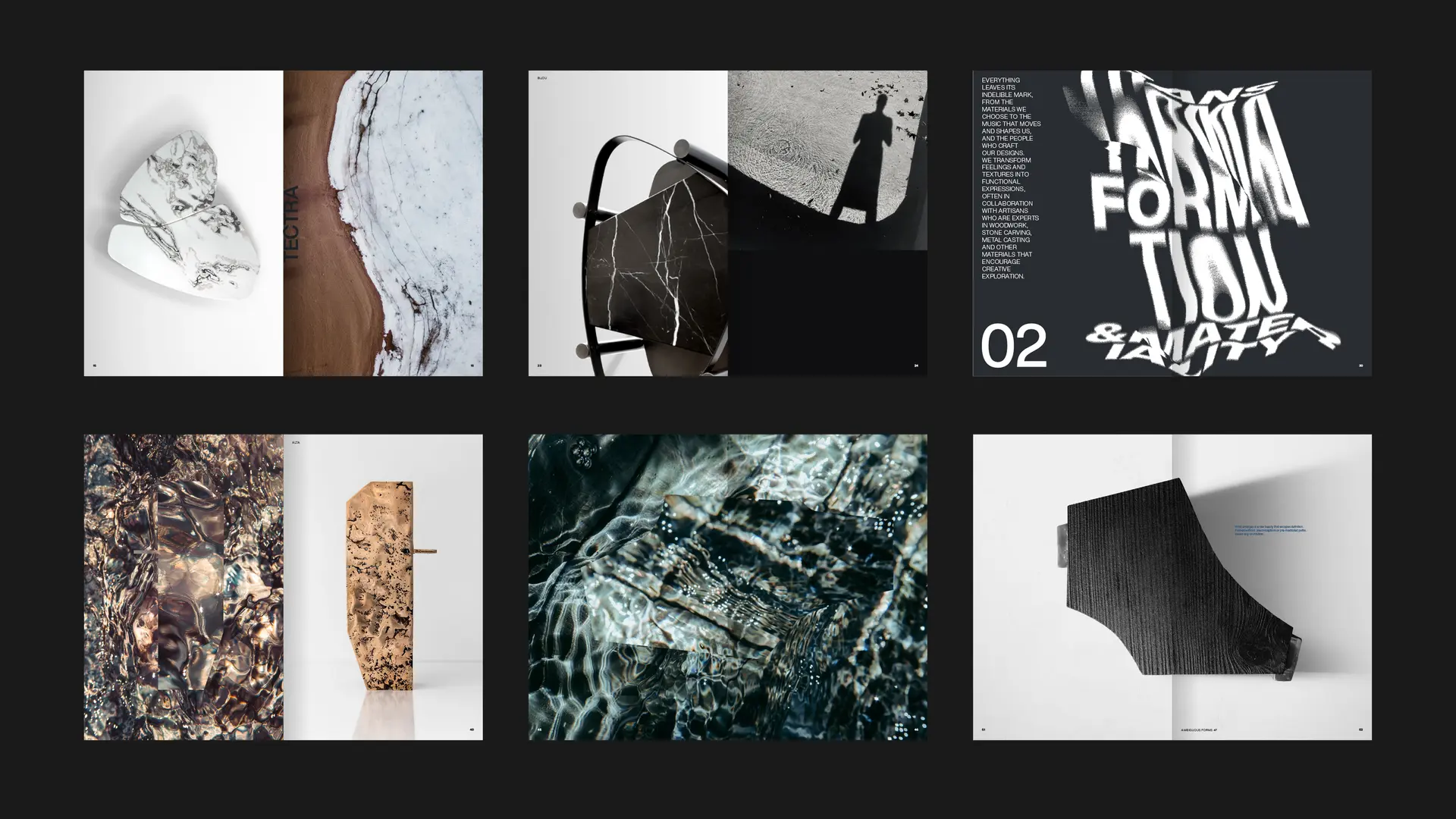 OKHA manifesto chapter two image board combining material studies, process imagery, expressive type and furniture