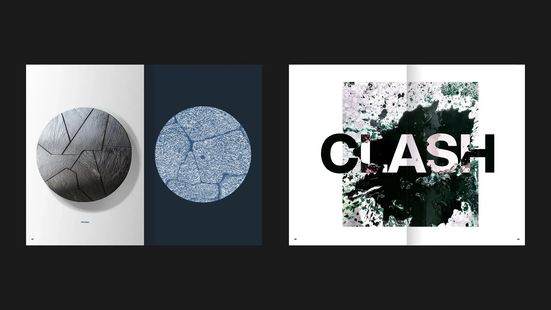 OKHA manifesto chapter three spreads pairing circular texture studies with an expressive CLASH typographic spread