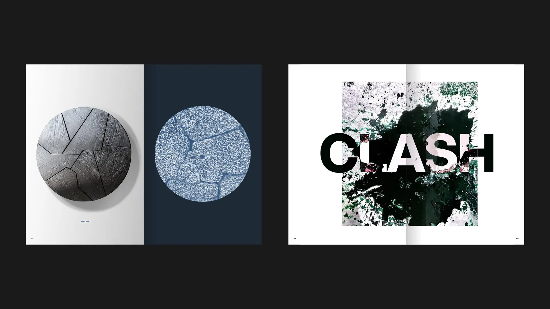 OKHA manifesto chapter three spreads pairing circular texture studies with an expressive CLASH typographic spread