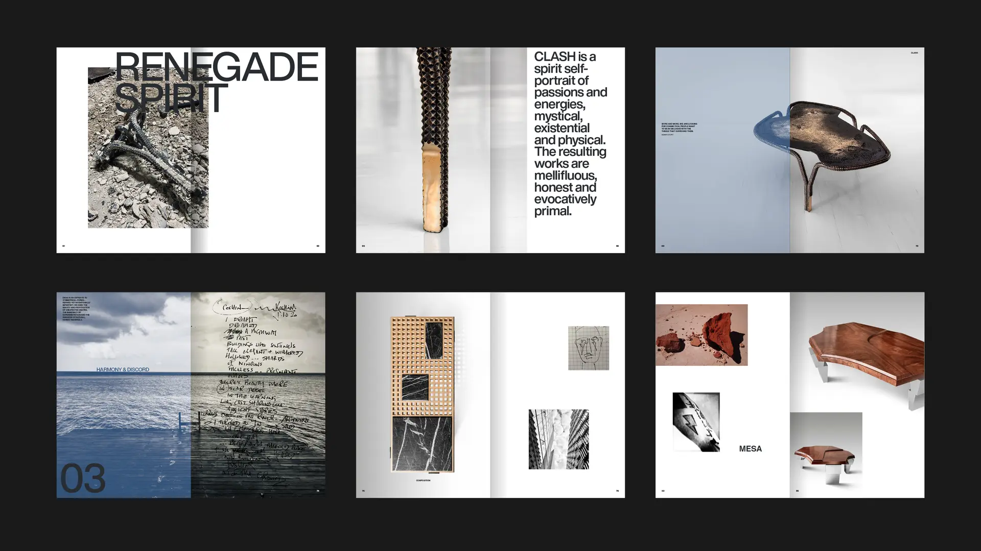 OKHA manifesto sequence showing Renegade Spirit and product and material spreads in modular editorial layouts